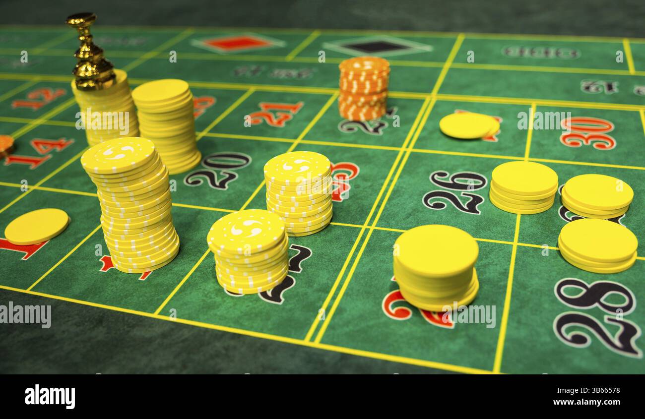 Jetons de table de roulette dans un casino. Fermé du jeu de table de jeu de roulette de casino. Copeaux jaunes et oranges Banque D'Images