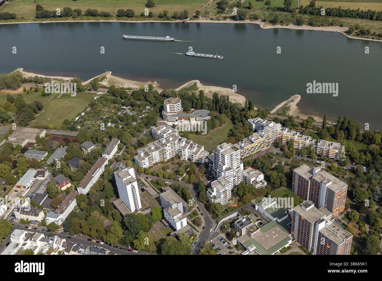 Vue aérienne du complexe résidentiel de Rheindorf directement sur les rives du Rhin Banque D'Images
