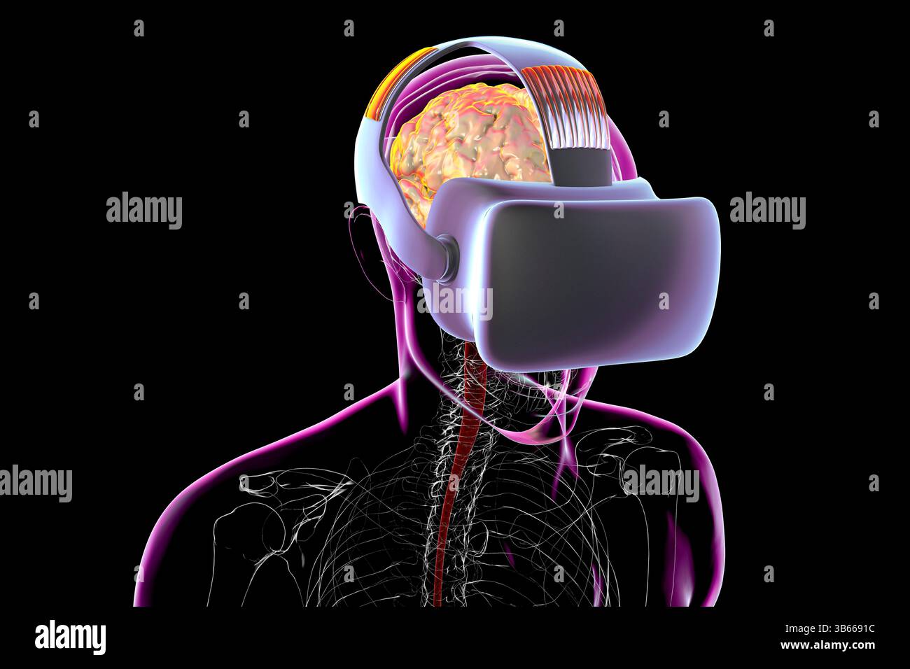 Illustration conceptuelle de la réalité virtuelle (VR), symbolisant l'impact de la technologie immersive sur la cognition, la perception, les neurosciences et la thérapie. Banque D'Images