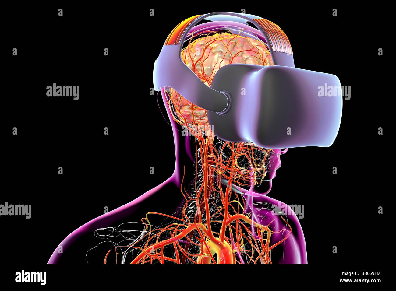 Illustration conceptuelle de la réalité virtuelle (VR), symbolisant l'impact de la technologie immersive sur la cognition, la perception, les neurosciences et la thérapie. Banque D'Images