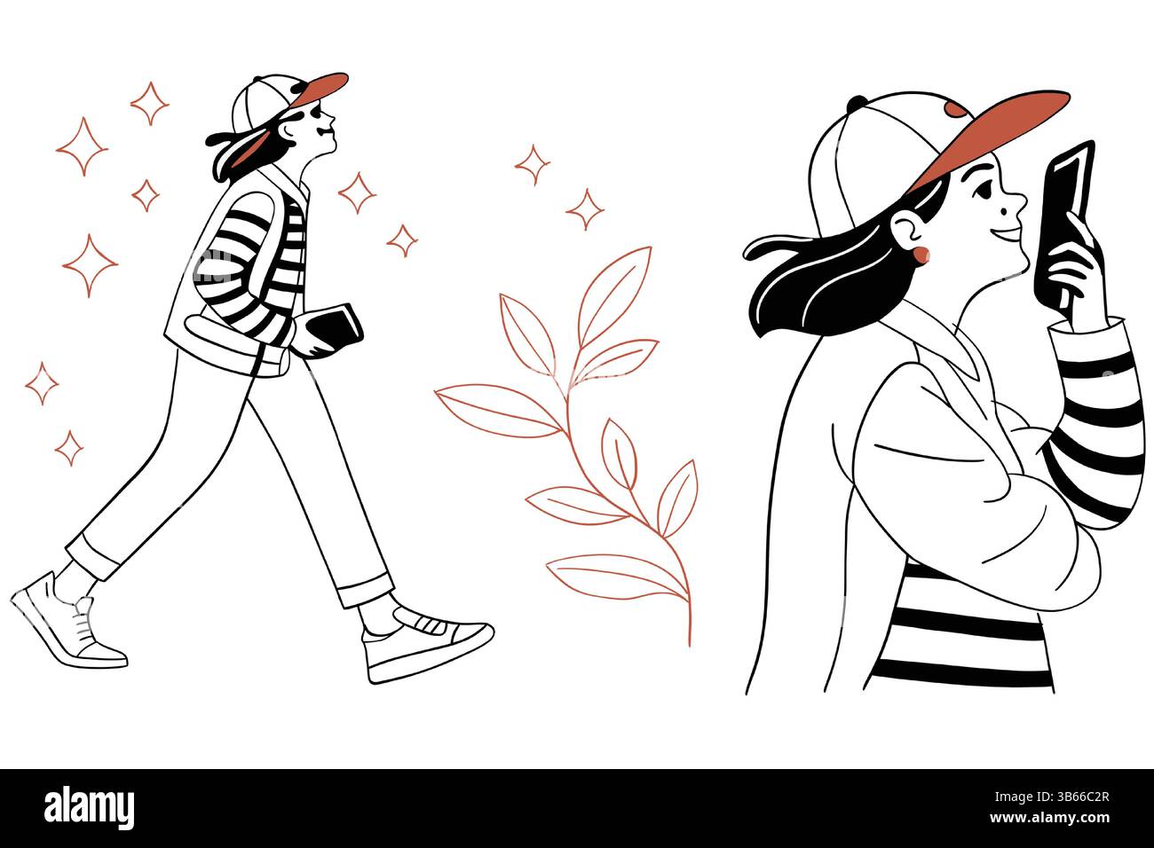L'illustration montre un personnage en mouvement. Une représentation montre la personne marchant tandis qu'une autre la montre à l'aide d'un téléphone. Illustration de Vecteur