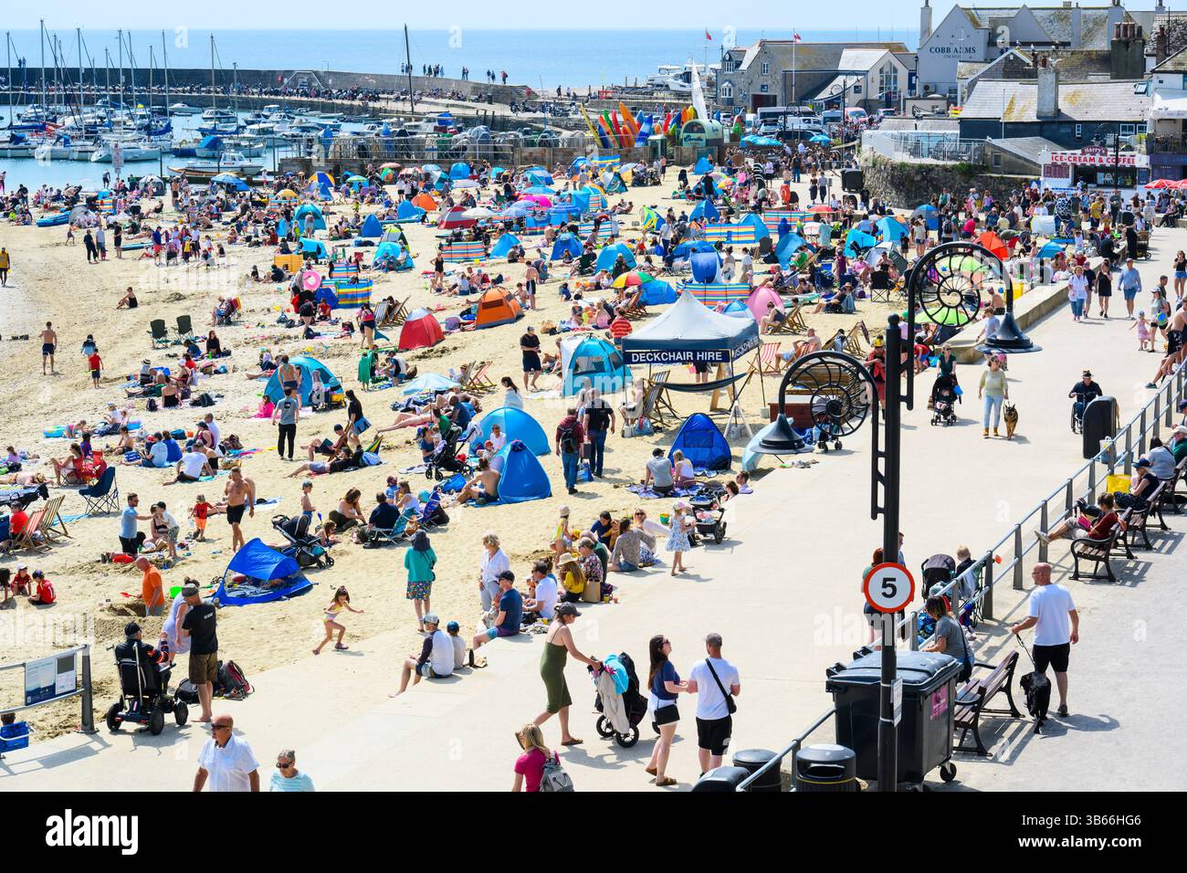 Lyme Regis, Dorset, Royaume-Uni. 3 mai 2025. Météo britannique : les visiteurs et les habitants affluent vers la station balnéaire de Lyme Regis pour se prélasser sous un soleil brûlant le week-end de vacances bancaires. Les gens ont fait le meilleur du long week-end en profitant du soleil sur la plage bondée et en plongeant dans la mer. Crédit : Celia McMahon/Alamy Live News Banque D'Images