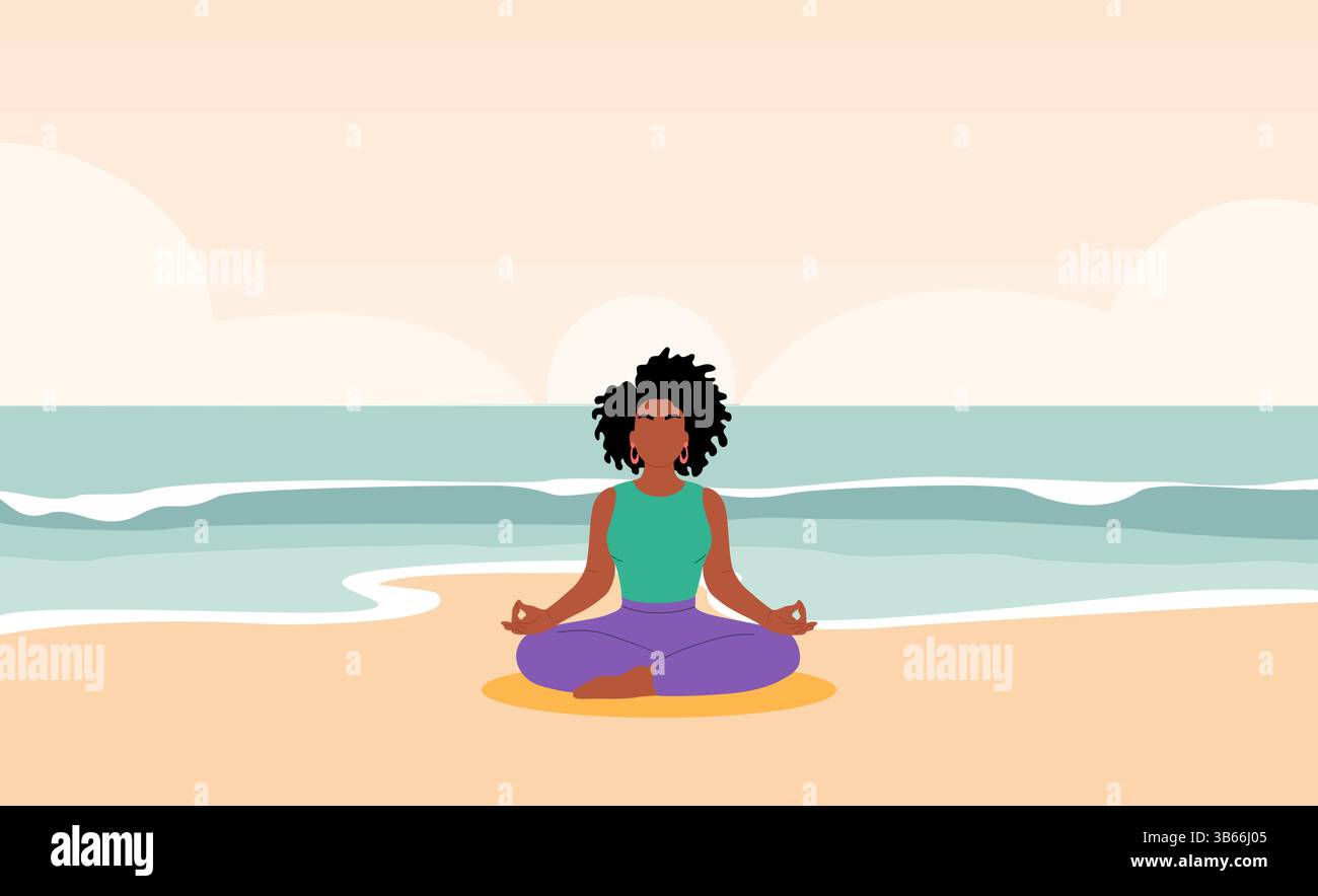 Une femme noire est assise sur la plage et médite Illustration de Vecteur