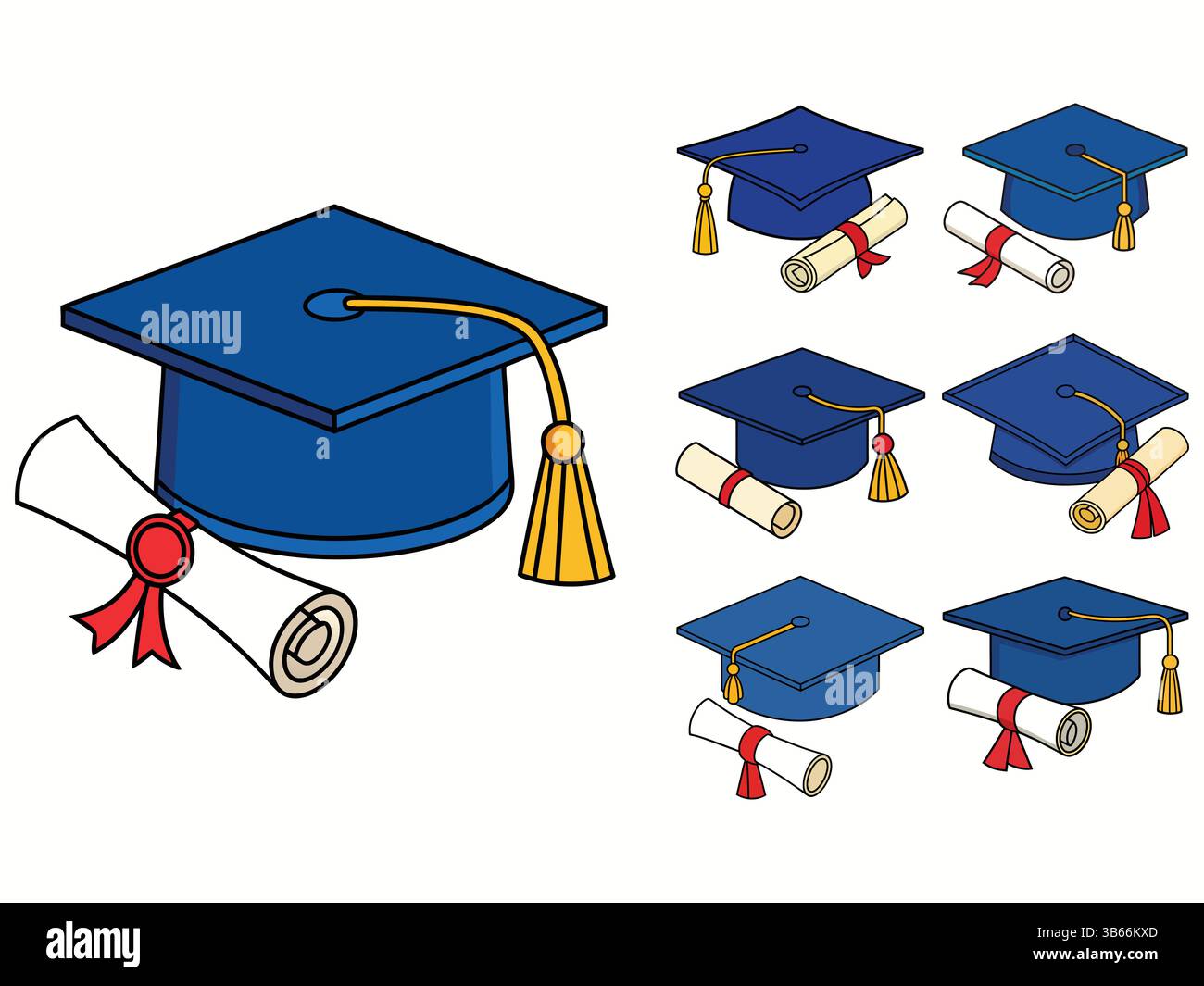 Ensemble de chapeaux de graduation et diplômes Illustration de Vecteur