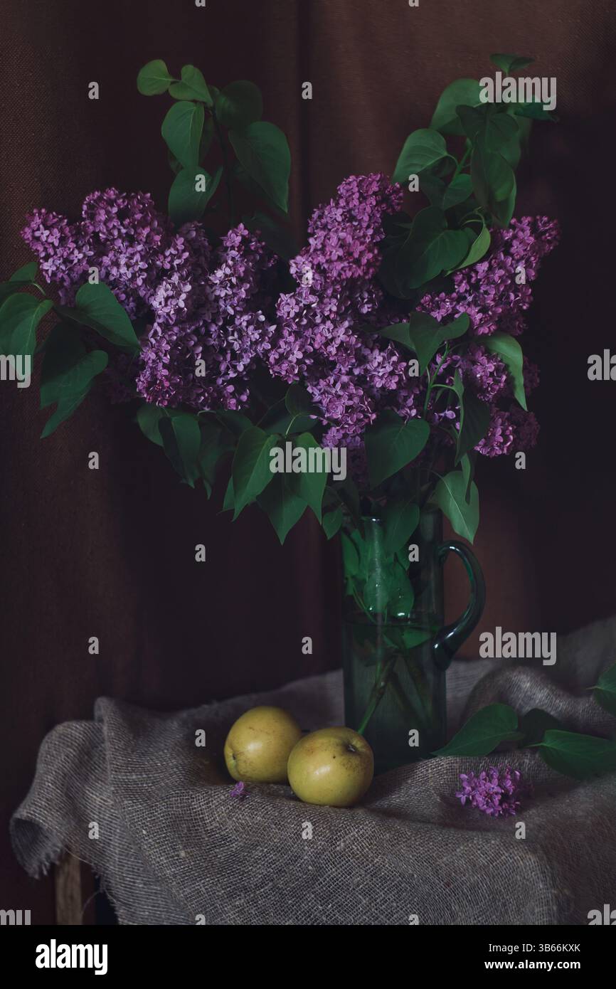 Nature morte avec bouquet de lilas et pommes, vue à hauteur des yeux. Une douce lumière du soir illumine délicatement un bouquet de lilas luxuriant dans une cruche en verre vert avec des pommes. Banque D'Images