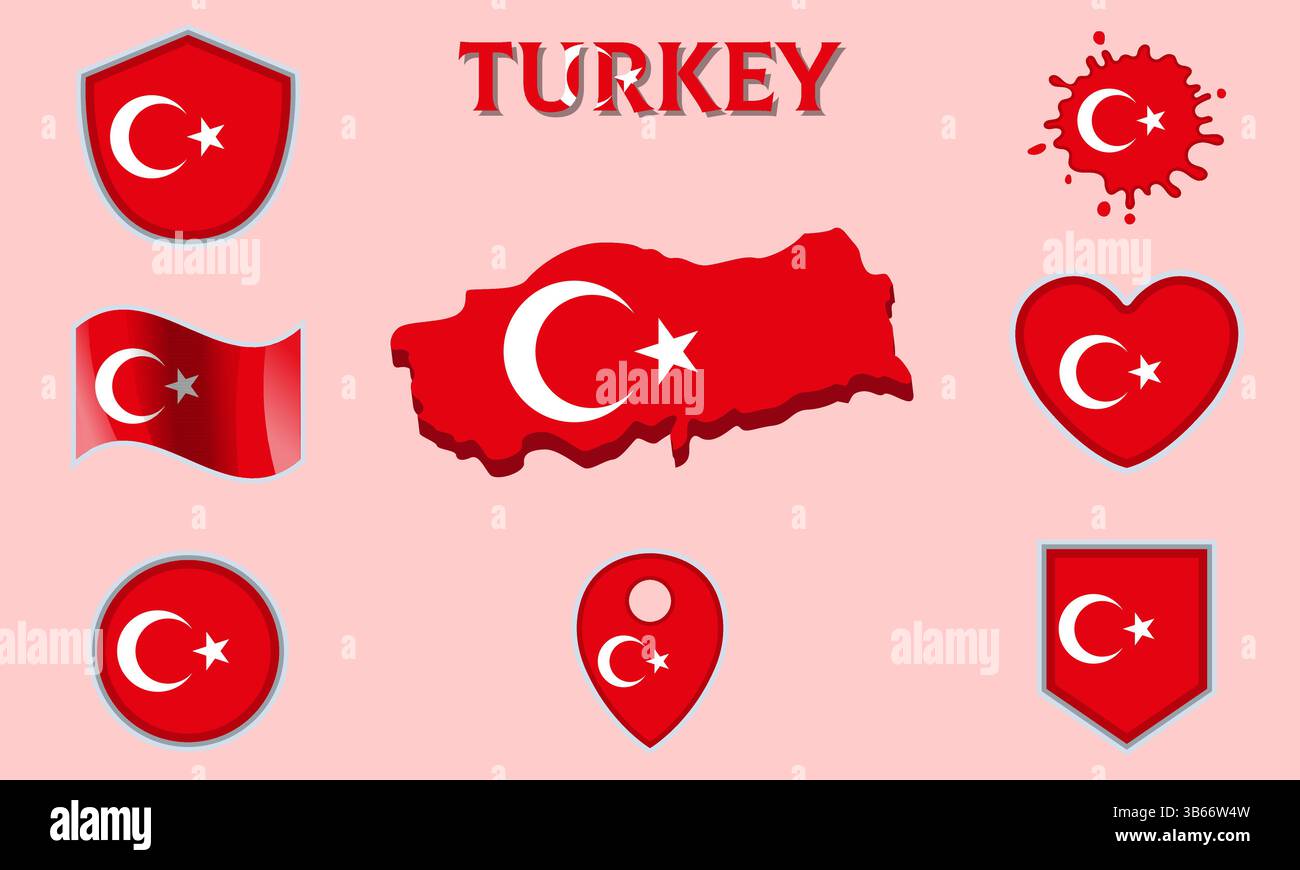 Collection de drapeaux et d'armoiries de Turquie dans un style plat avec carte et texte Illustration de Vecteur