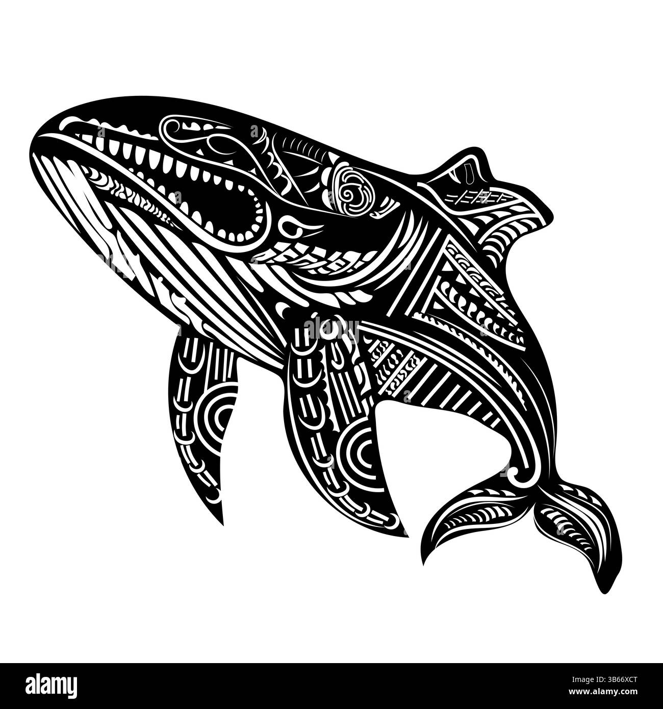 Baleine animale tribale de style maori isolé noir et blanc vecteur plat Illustration de Vecteur