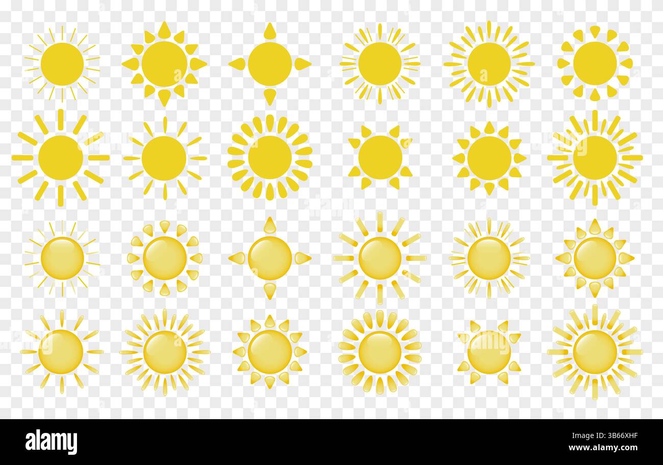 Un grand ensemble de symboles solaires sur un fond transparent. Logos en forme de soleil. Illustration de Vecteur