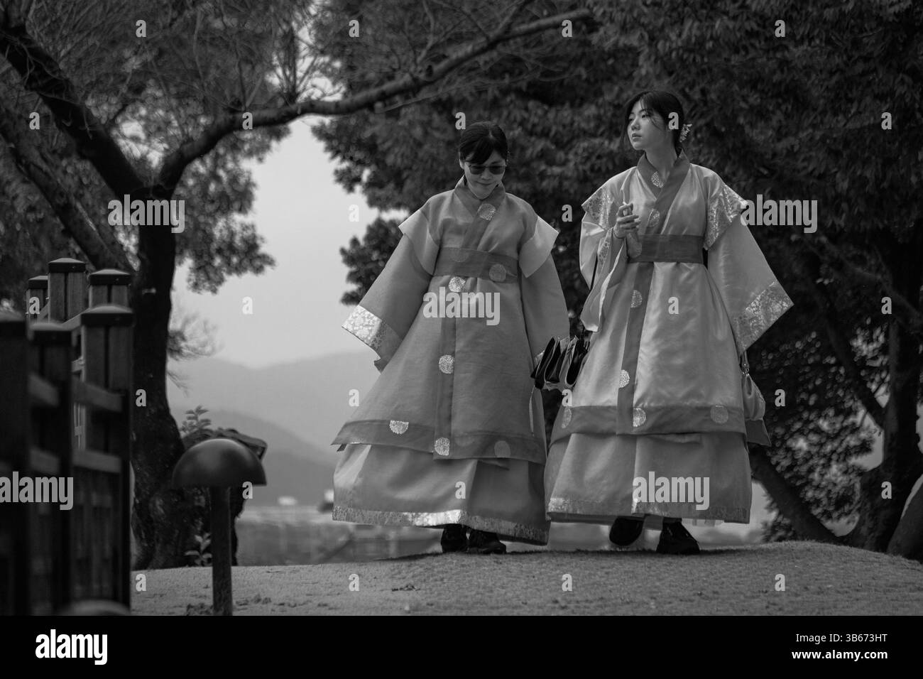 Deux jeunes femmes marchant dans le parc portant des robes traditionnelles hanbok à Gyengju, en Corée du Sud Banque D'Images
