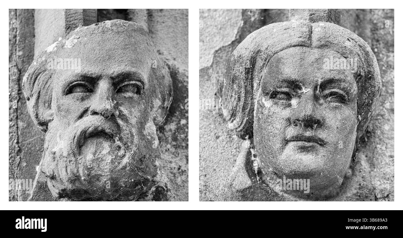 Face(s) en pierre sculptée(s) au-dessus de l'entrée principale de long Preston Village Hall, North Yorkshire. Banque D'Images
