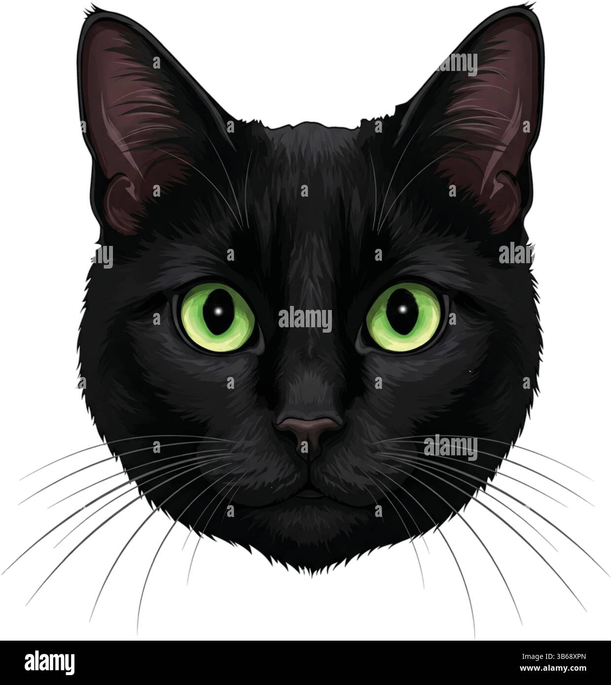 Un chat noir aux yeux verts perçants regarde vers l'avant Illustration de Vecteur