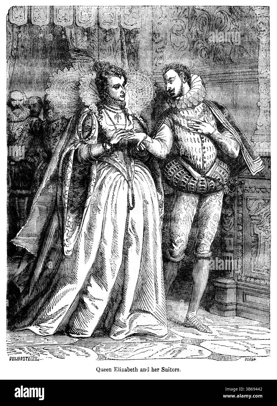 2 mai 2022, Londres, Angleterre, Royaume-Uni : la reine Elizabeth et ses prétendants, illustration tirée du livre, ''John Casselâ€™'s Illustrated History of England, volume II'', texte de William Howitt, Cassell, Petter et Galpin, Londres, 1858 (crédit image : © JT Vintage/Glasshouse via ZUMA Press Wire) Banque D'Images