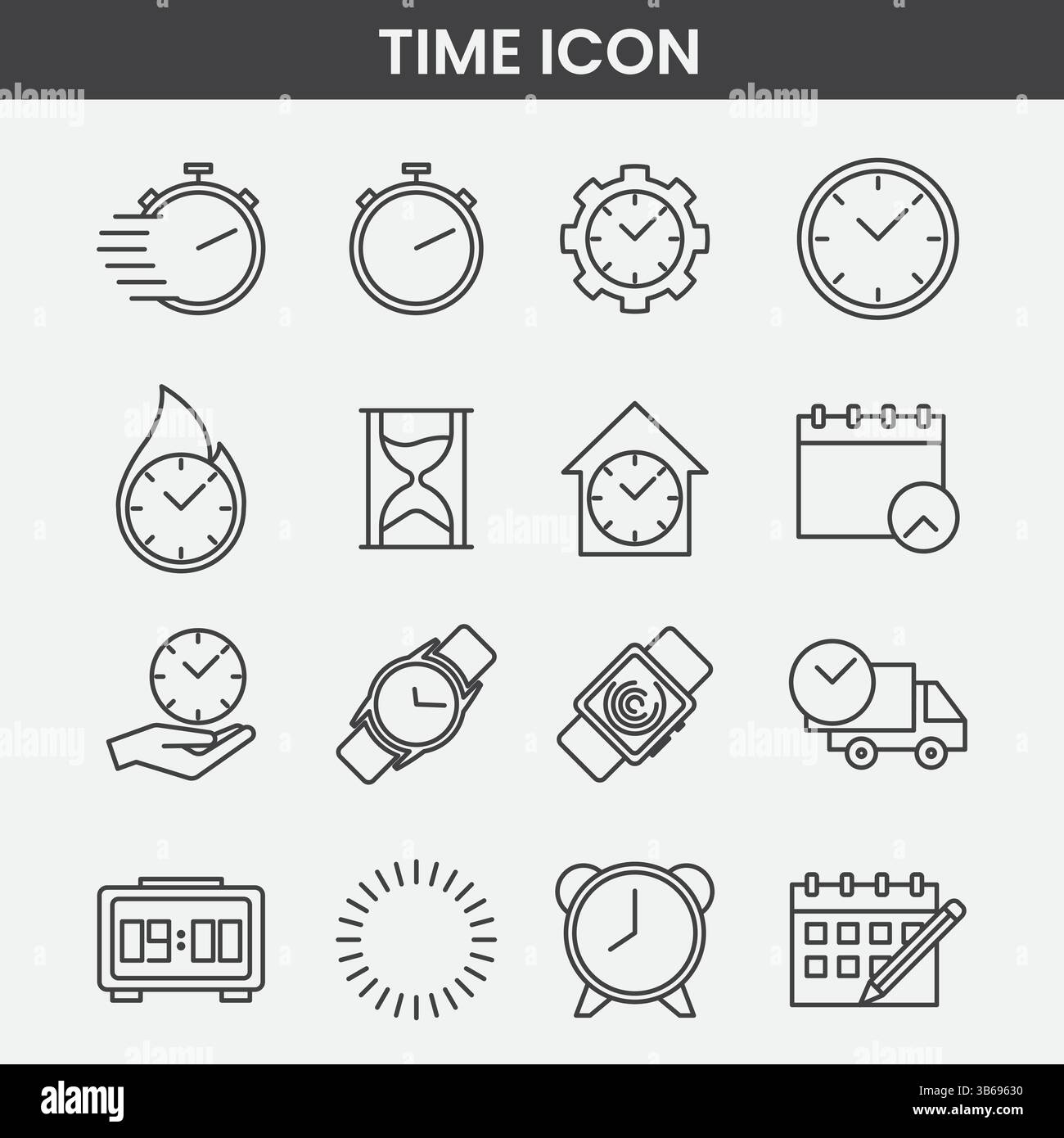 Ensemble d'icônes de temps minimaliste, illustrations vectorielles d'art de ligne noir et blanc pour les horloges et la planification Illustration de Vecteur