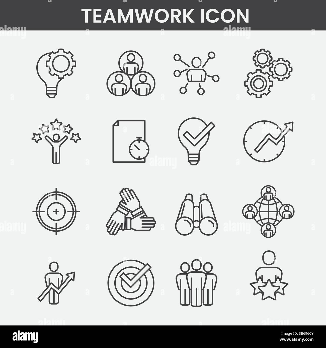 Icônes minimalistes de travail d'équipe et de collaboration, ensemble vectoriel d'art de ligne noir et blanc pour une utilisation professionnelle Illustration de Vecteur