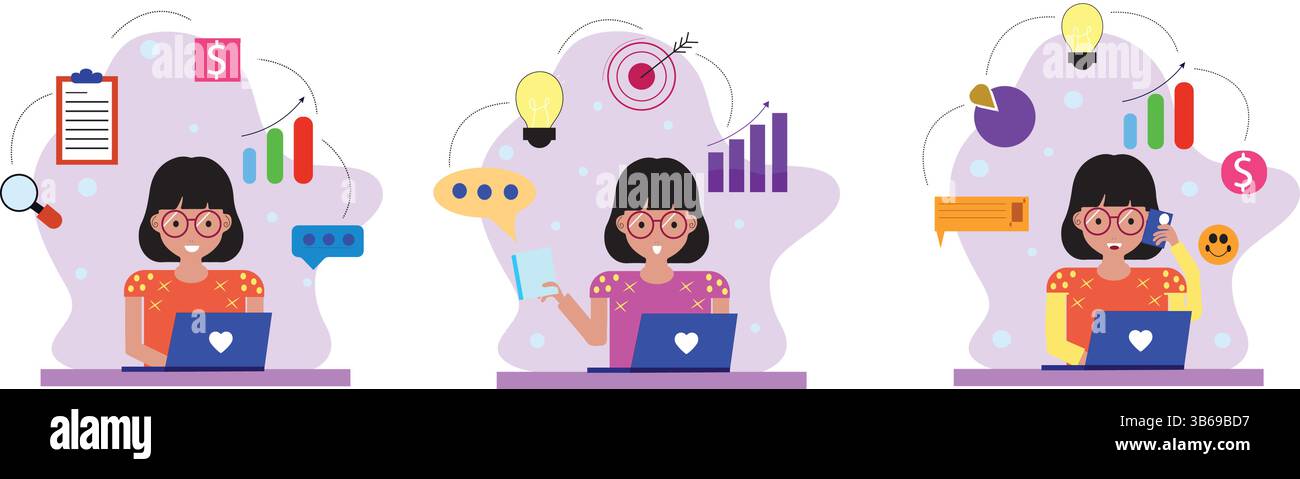 Illustration d'une femme multitâche au travail. Illustration vectorielle plate. Concept de travail de bureau. Illustration de Vecteur