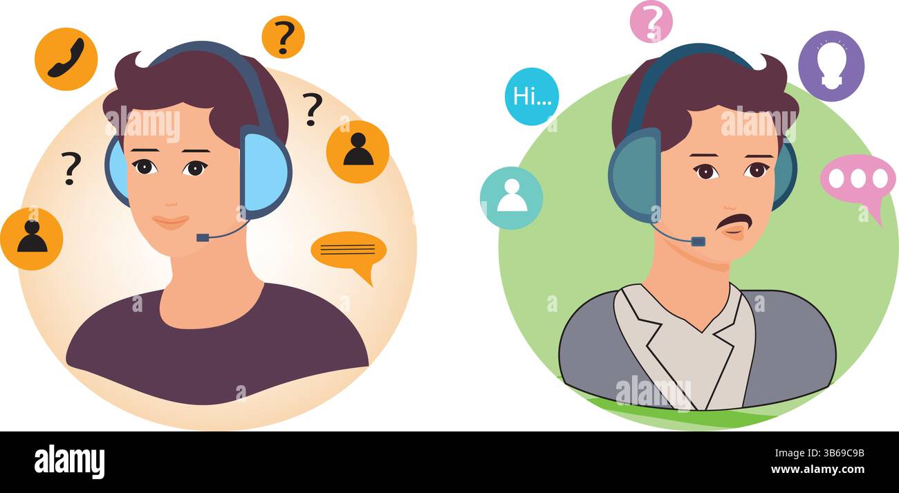 Kit centre d'appels. Les personnages masculins travaillent au bureau. Helpdesk, hotline, concept de service de support client. Illustration vectorielle. Illustration de Vecteur