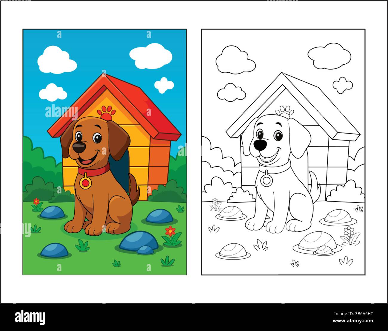 Cute Puppy Coloring page pour enfants imprimable. Baby Dog dans Garden Cartoon Outline Vector. Illustration de dessin animé animal Illustration de Vecteur