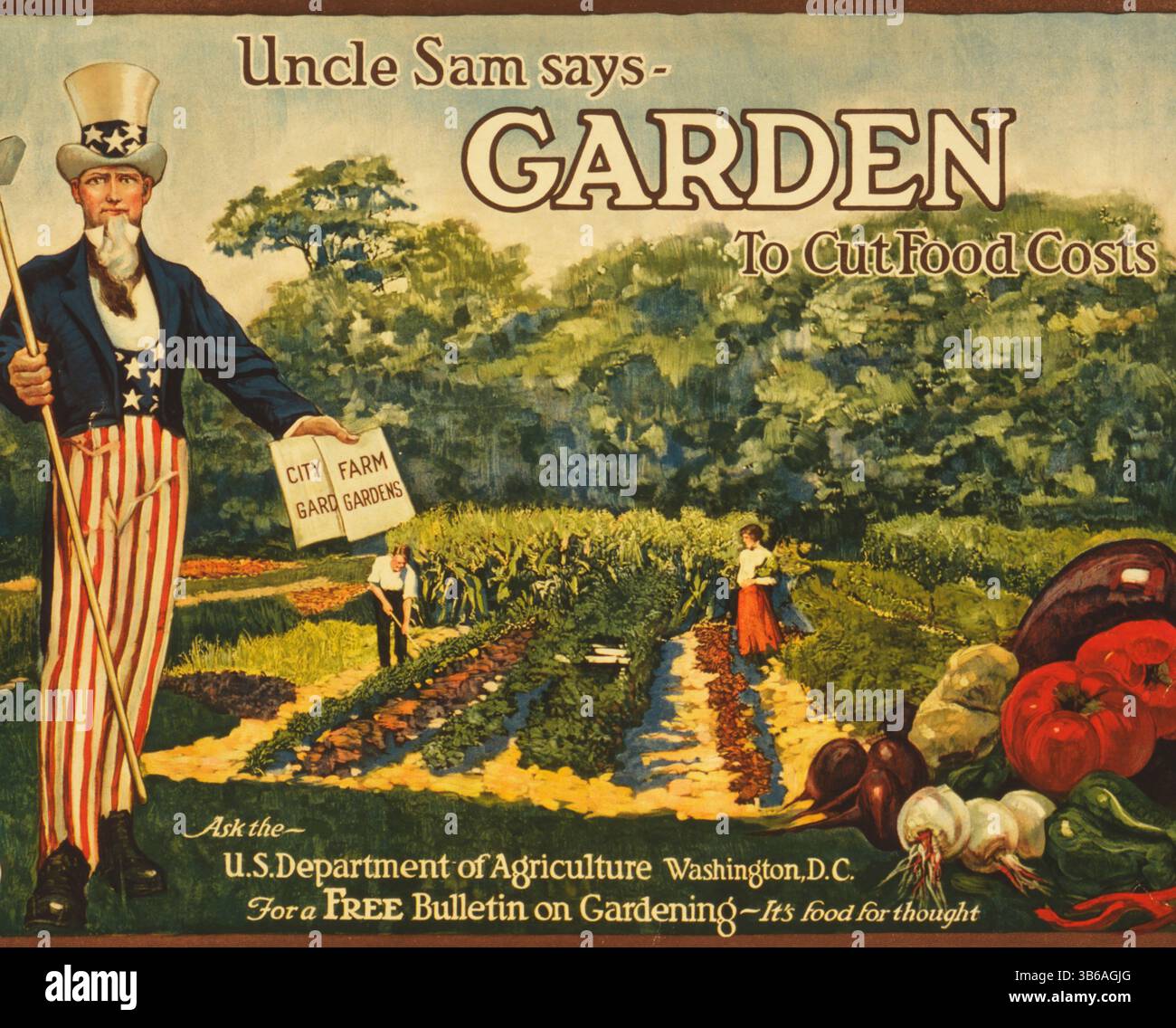 Affiche de propagande de la première Guerre mondiale avec oncle Sam promouvant le jardinage, 1917. Banque D'Images