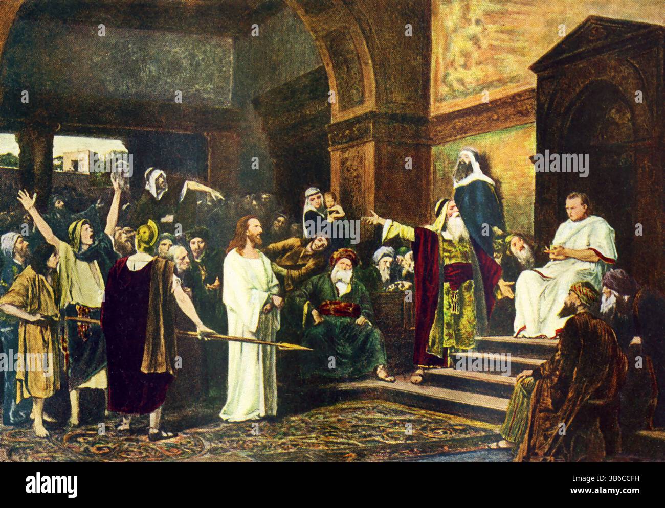Dans le Nouveau Testament, « Christ devant Pilate » (scène montrée ici) se réfère au procès de Jésus devant Ponce Pilate, le gouverneur romain de Judée, où Jésus a été accusé de sédition et de blasphème, conduisant finalement à sa crucifixion. L'artiste, Mihály Munkácsy (mort en 1900), est un peintre hongrois. Il a acquis une réputation internationale avec ses images de genre et ses peintures bibliques à grande échelle. Banque D'Images