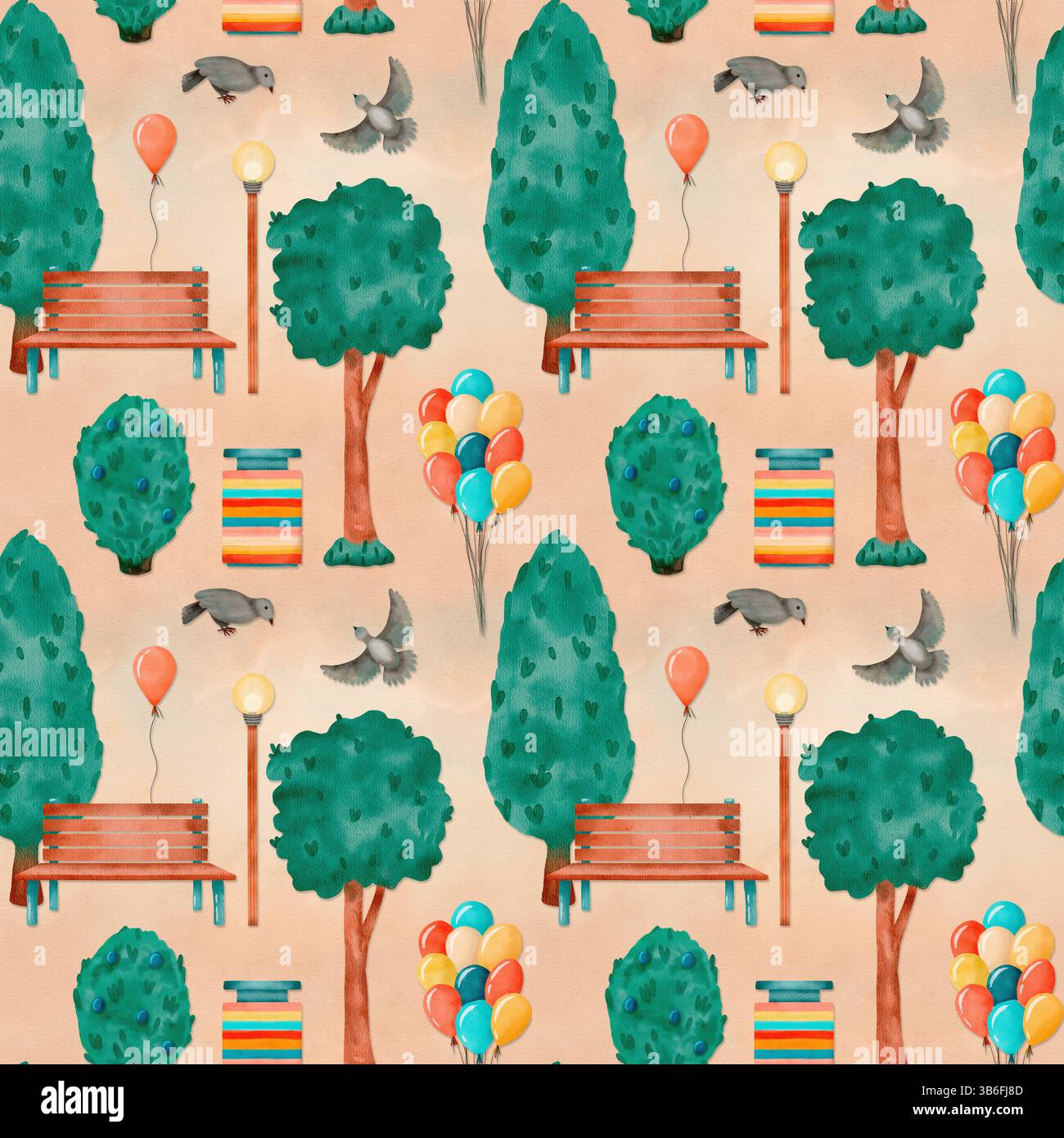 Un parc fantaisiste présentant des arbres, des bancs sympathiques, des ballons colorés et des oiseaux ludiques aux teintes vives. Motif sans couture d'aquarelle dessiné à la main sur fond pastel. Banque D'Images