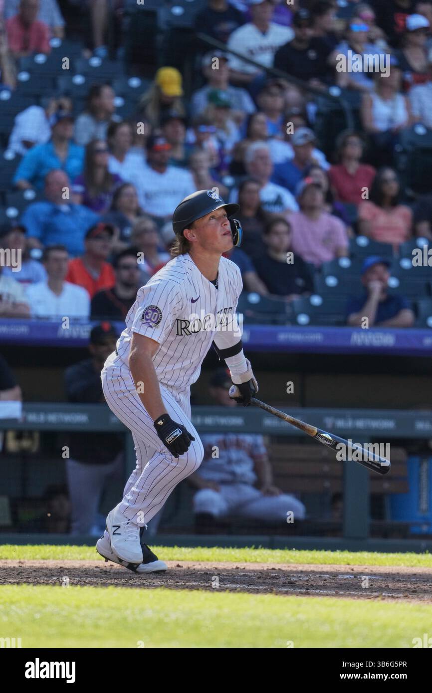 17 septembre 2023 : Hunter Goodman (15 ans), joueur de terrain droit du Colorado, obtient un succès pendant le match avec les Giants de San Francisco et les Rockies du Colorado qui se tient au Coors Field à Denver Co. David Seelig/Cal Sport Medi (crédit image : © David Seelig / Cal Sport Media/CSM via ZUMA Press Wire) Banque D'Images