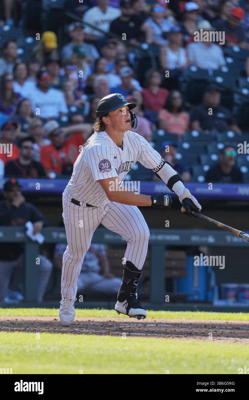 17 septembre 2023 : Hunter Goodman (15 ans), joueur de terrain droit du Colorado, obtient un succès pendant le match avec les Giants de San Francisco et les Rockies du Colorado qui se tient au Coors Field à Denver Co. David Seelig/Cal Sport Medi (crédit image : © David Seelig / Cal Sport Media/CSM via ZUMA Press Wire) Banque D'Images