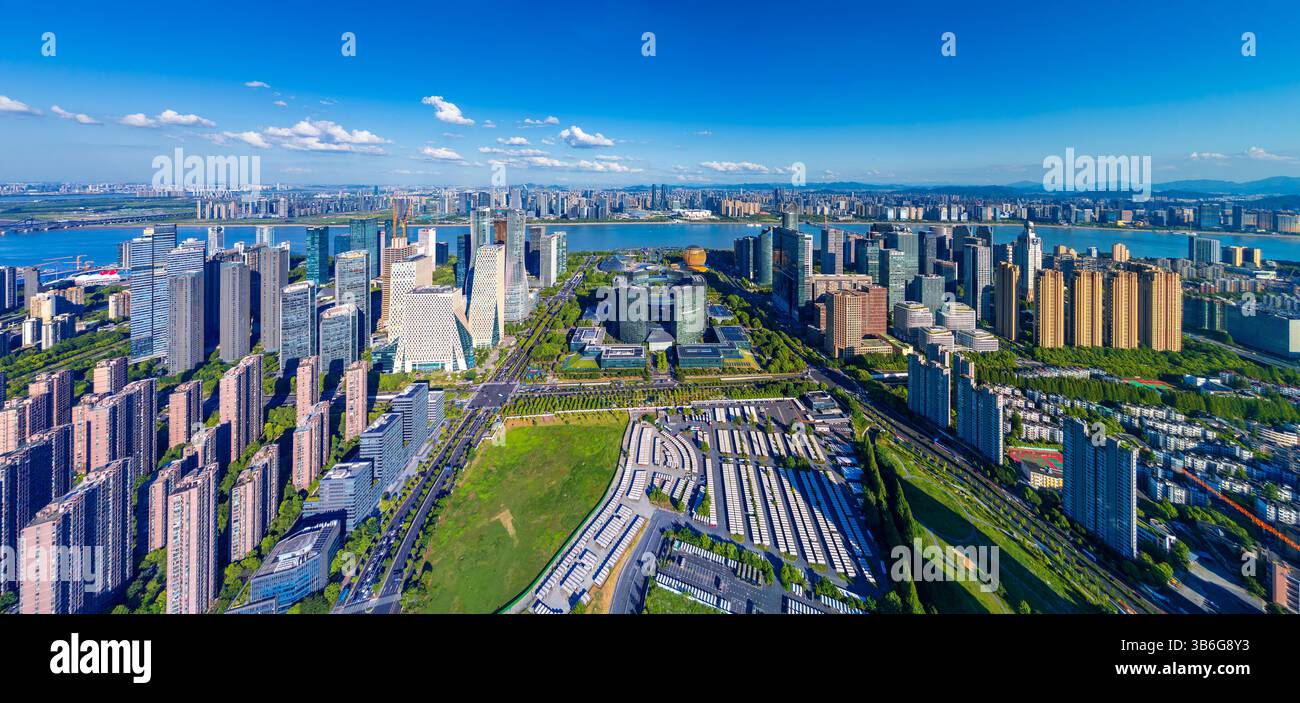 Vue aérienne de la nouvelle ville de QIANJIANG, Hangzhou, Zhejiang, Chine Banque D'Images