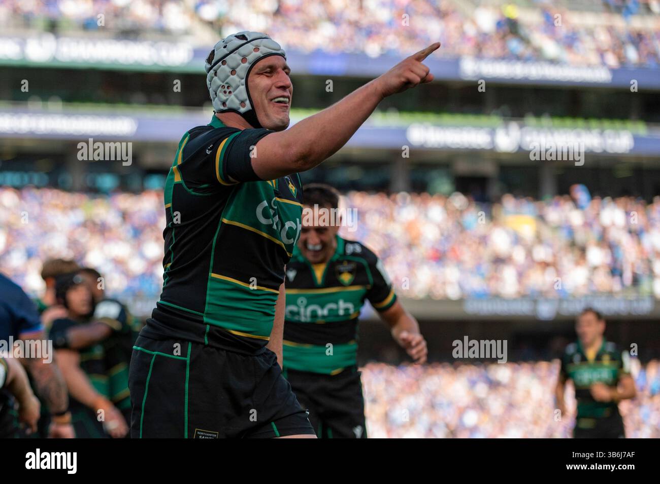 Dublin, Irlande. 03 mai 2025. Curtis Langdon de Northampton célèbre lors de la Coupe des Champions Investec, match de demi-finale entre Leinster Rugby et Northampton Saints à Aviva Stadium à Dublin, Irlande, le 3 mai 2025 (photo par Andrew SURMA/ Credit : Sipa US/Alamy Live News Banque D'Images
