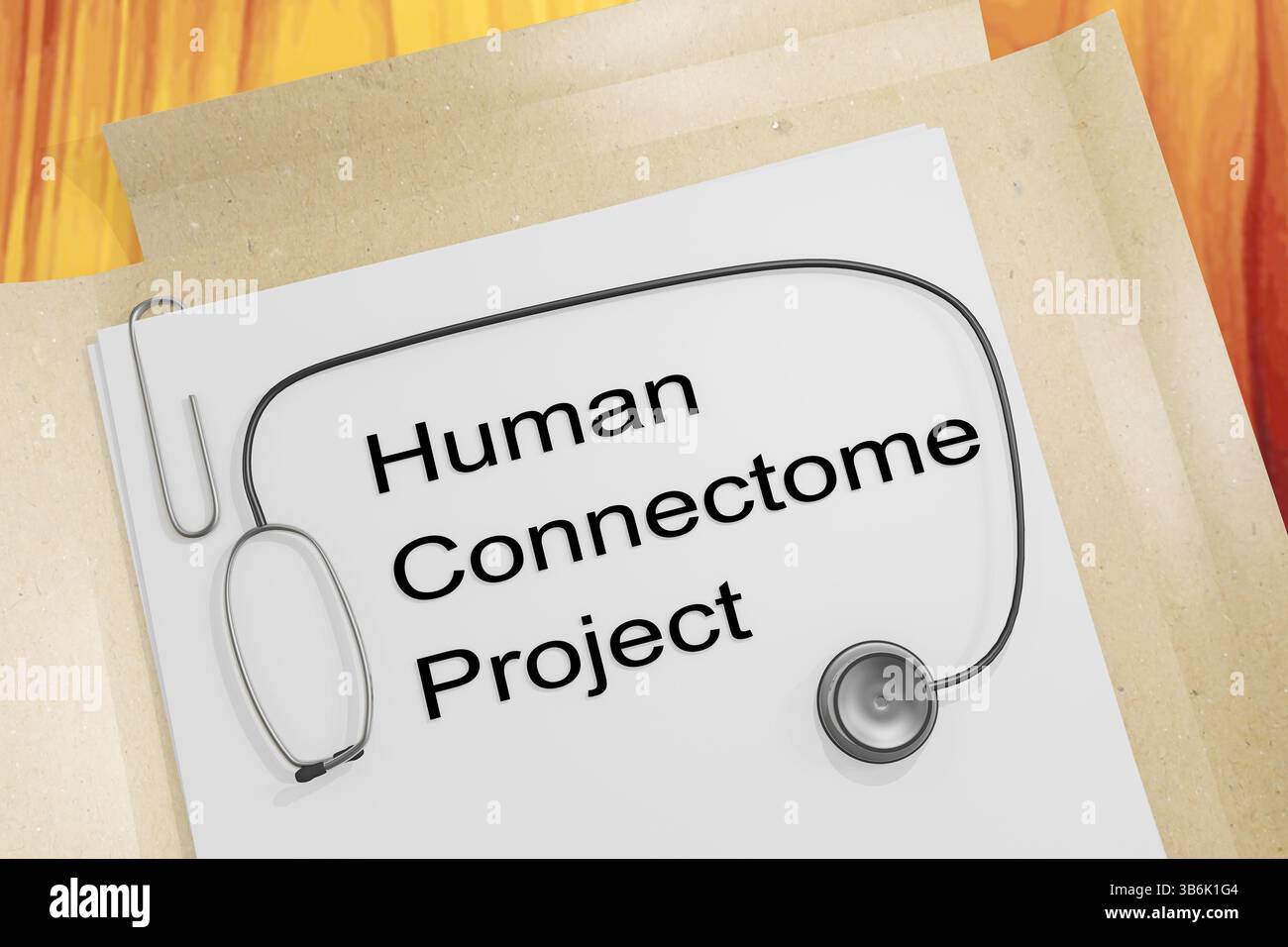 Illustration 3D d'un document médical, intitulé Human connectome Project. Banque D'Images