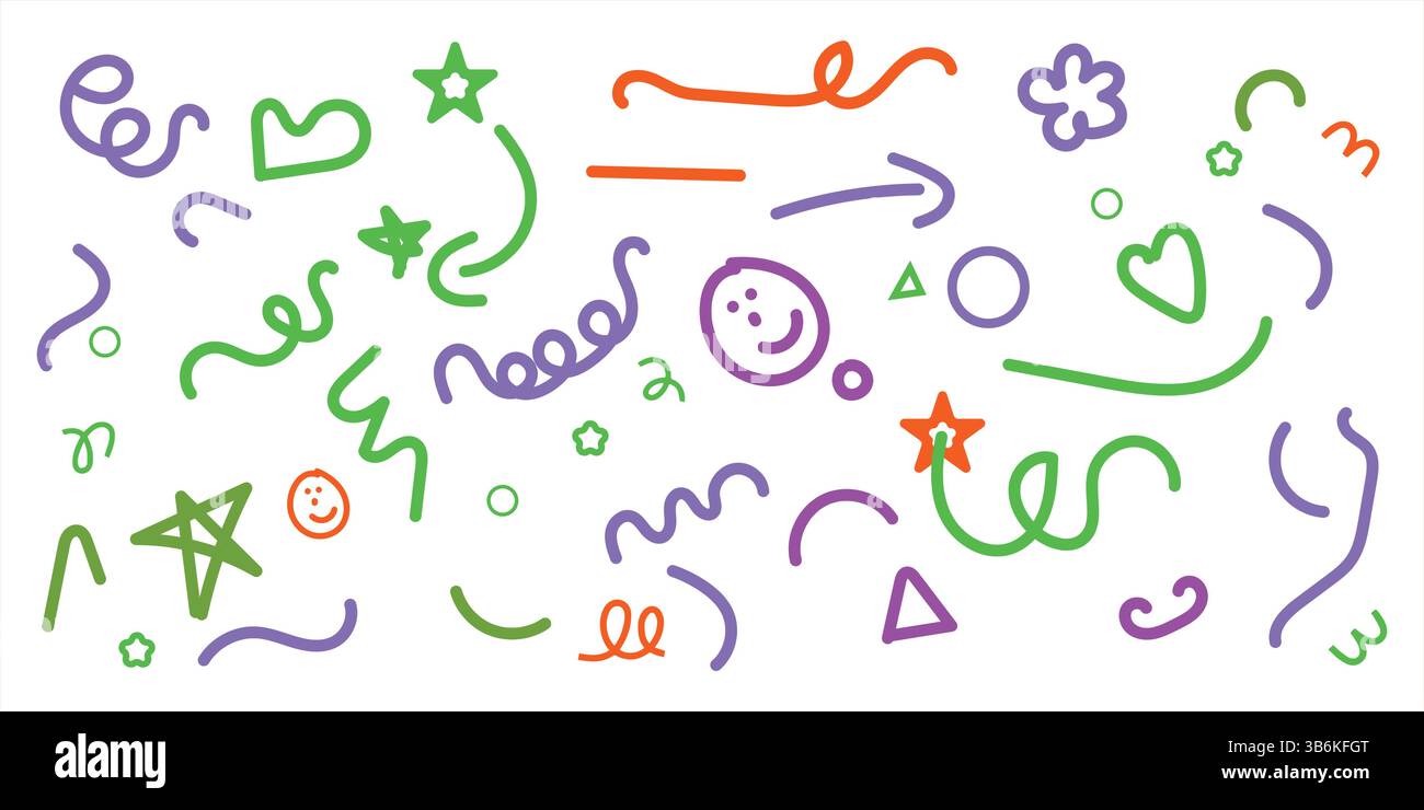 Ensemble vectoriel Doodle Eléments colorés dessiné à la main - tourbillons, étoiles, cœurs et visages Illustration de Vecteur