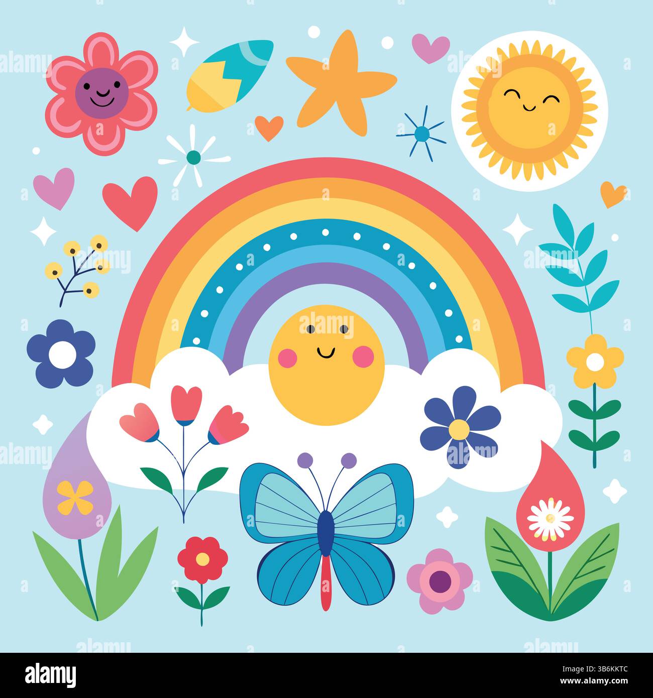 Une illustration d'autocollant lumineuse et joyeuse représentant un arc-en-ciel classique rendu dans des rayures audacieuses et vibrantes Illustration de Vecteur