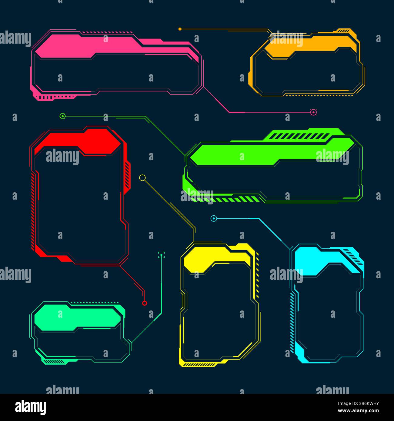 Éléments HUD ou UI futuristes. Zones de texte et légendes de l'interface utilisateur SCI-fi. Cadre de message d'avertissement coloré, modèle de boîtes d'information. Jeu moderne Illustration de Vecteur