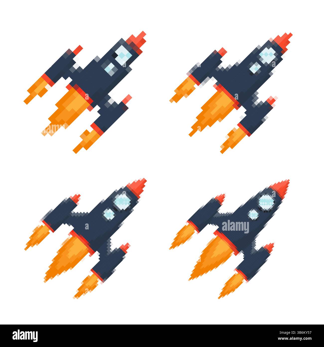 Pixel art fusée avec des pistes enflammées, des jeux rétro, des designs sur le thème de l'espace, des applications ou des animations. style 8 bits pour la technologie, la science-fiction et le futurisme Illustration de Vecteur