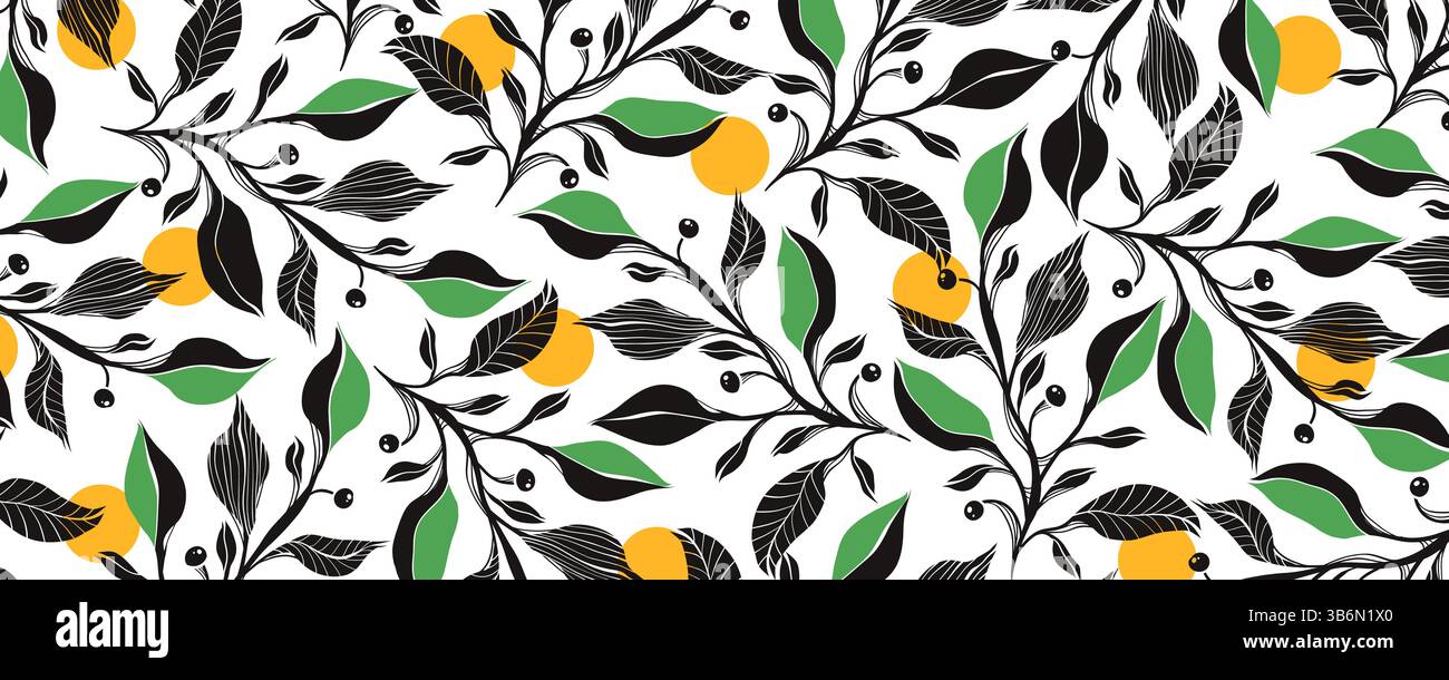 Motif feuille noir et blanc avec points jaunes. Design botanique élégant avec branches d'arbre. Toile de fond de feuillage frais. Motif imprimé nature. Illustration de Vecteur