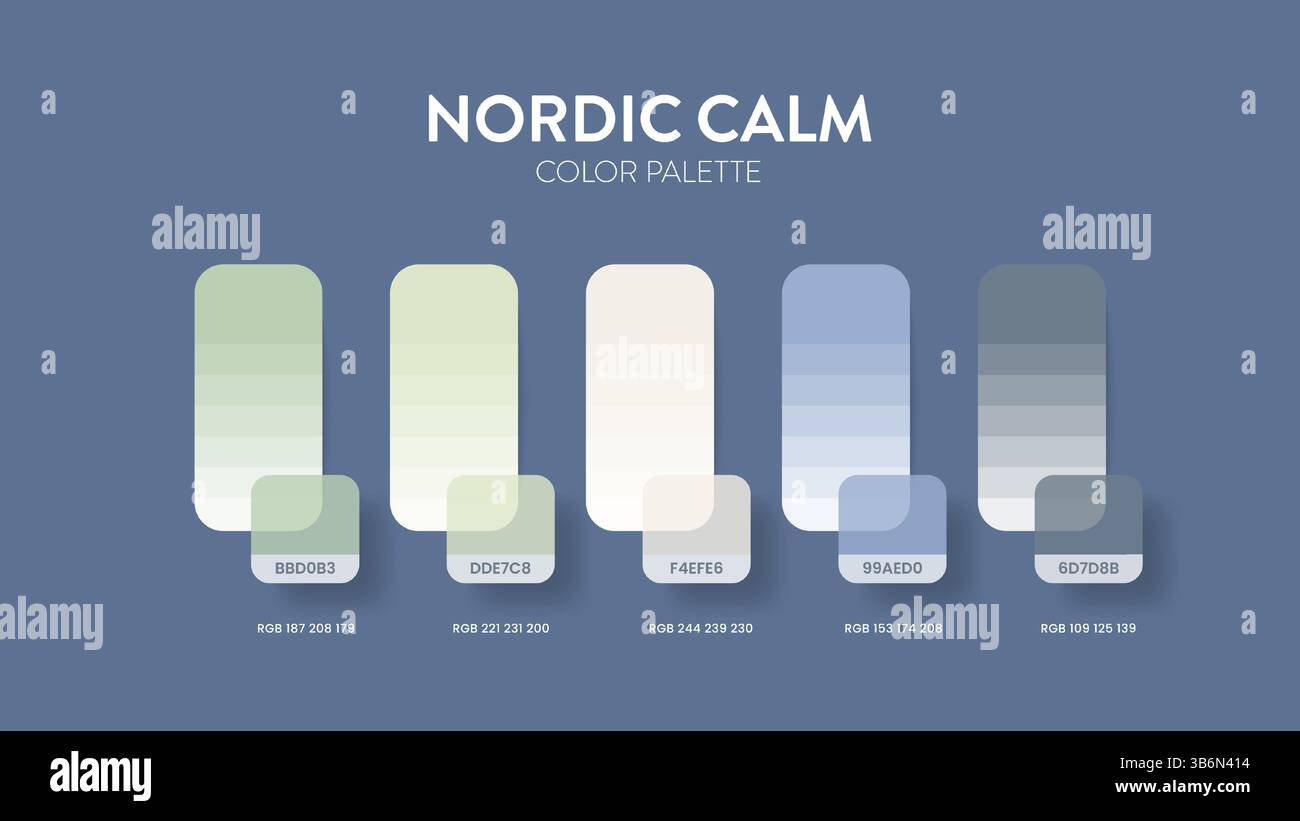 Guide de palette de couleurs dans les collections nordiques à thème de couleurs calmes. Inspiration de couleur ou graphique avec modèle de codes. Combinaison de couleurs RVB. Nuances de couleurs pour Illustration de Vecteur