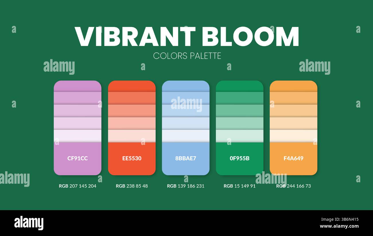 Guide de palette de couleurs dans les collections de thèmes de couleurs éclatantes. Inspiration de couleur ou graphique avec modèle de codes. Combinaison de couleurs RVB. Nuances de couleurs Illustration de Vecteur