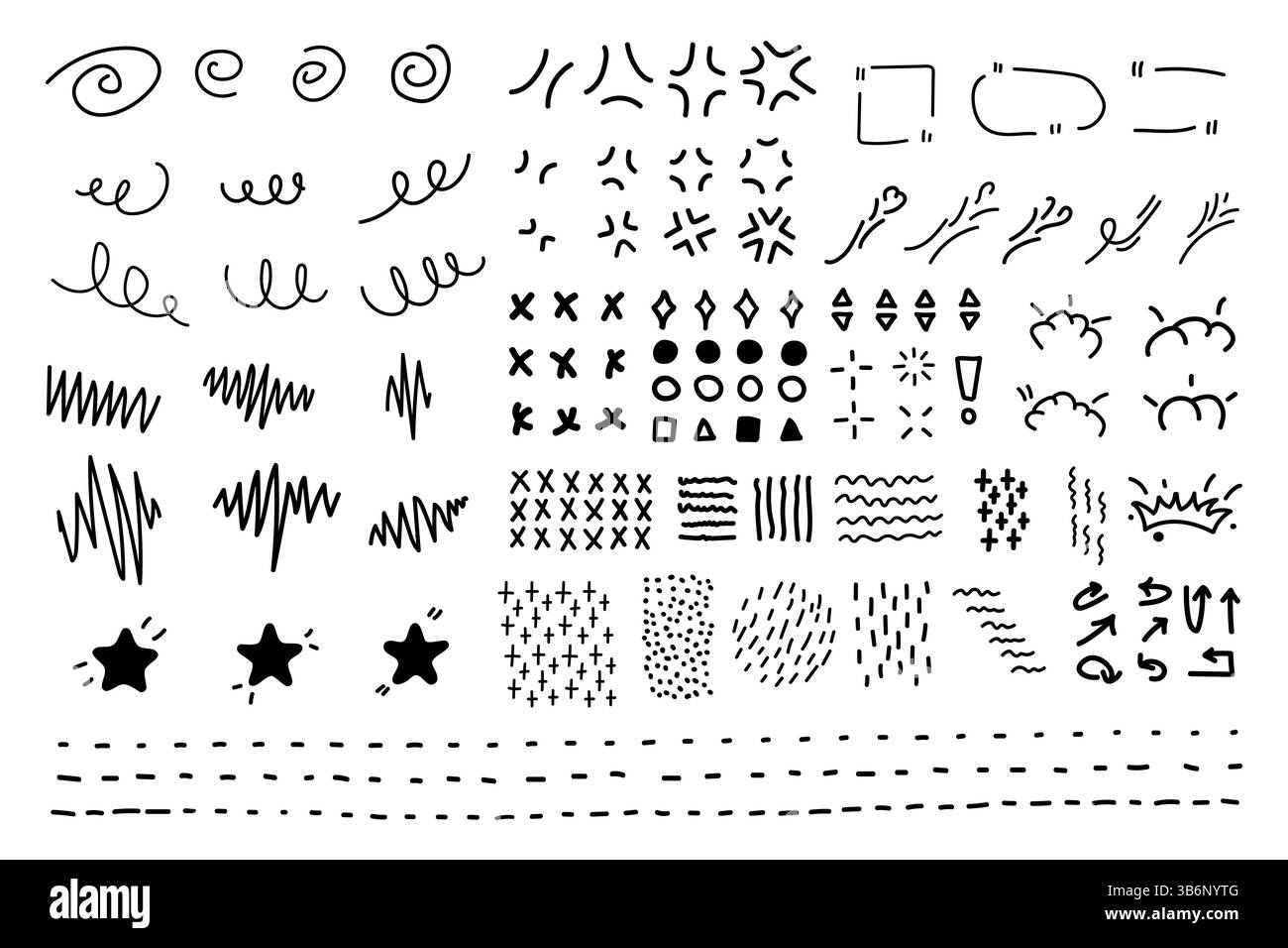 Illustration vectorielle. Ensemble d'éléments de style dessinés à la main Doodle : gribouilles, flèches, étoiles, croix et formes géométriques. Icônes de style d'esquisse abstrait Illustration de Vecteur