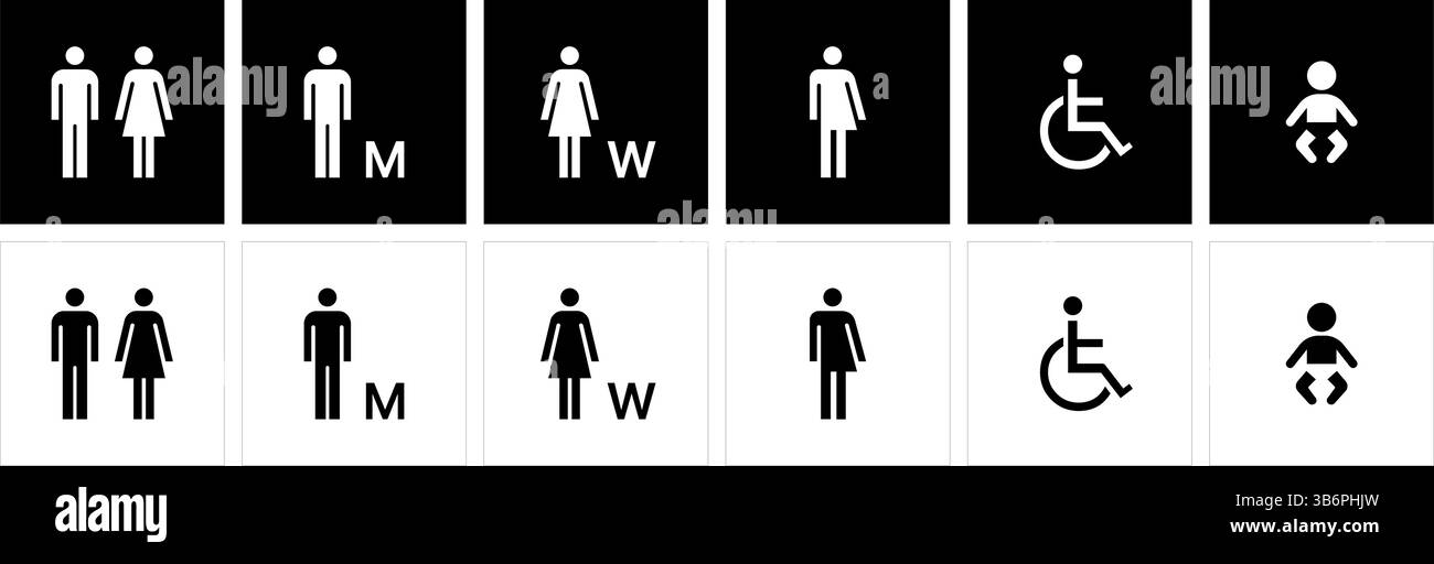 Icônes vectorielles de pictogramme de toilettes publiques pour les hommes, les femmes, le genre neutre, l'accès handicapé, et l'aide à l'enfance dans un noir et blanc minimaliste. Illustration de Vecteur