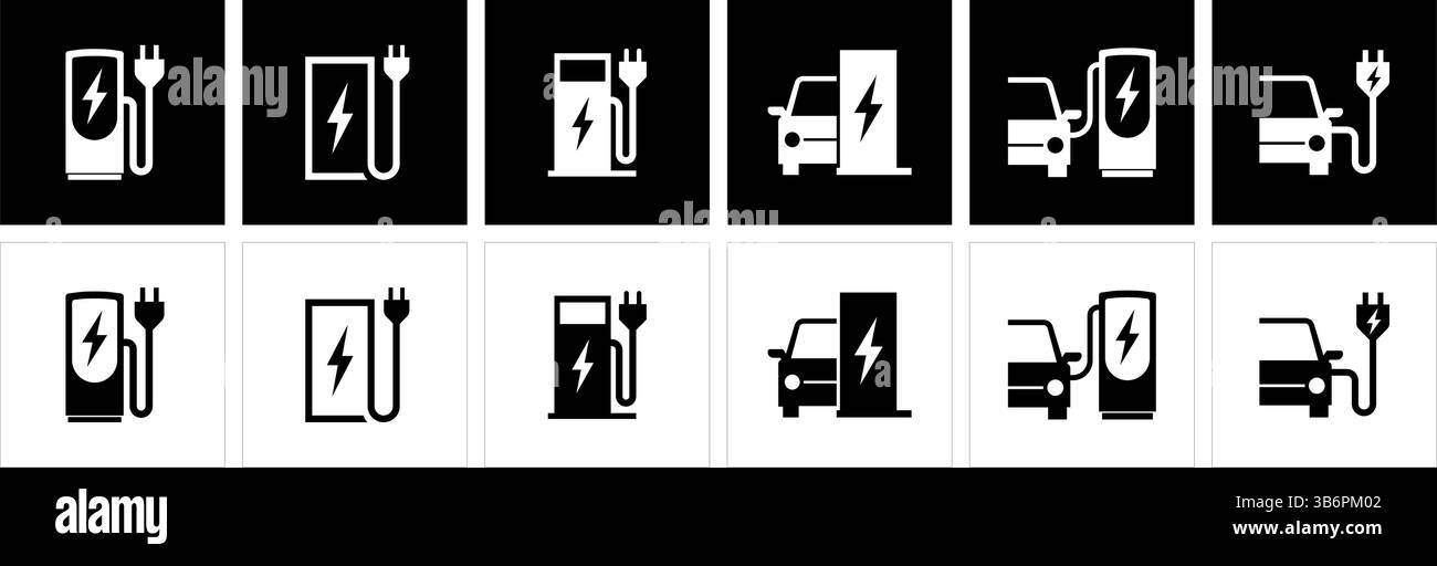 Ensemble d'icônes vectorielles de stations de charge de véhicule électrique (EV). Symboles représentant les chargeurs EV, la prise électrique, le port de charge et le concept d'énergie de voiture. Illustration de Vecteur Ensemble d'icônes vectorielles de stations de charge de véhicule électrique (EV). Symboles représentant les chargeurs EV, la prise électrique, le port de charge et le concept d'énergie de voiture. Illustration de Vecteur