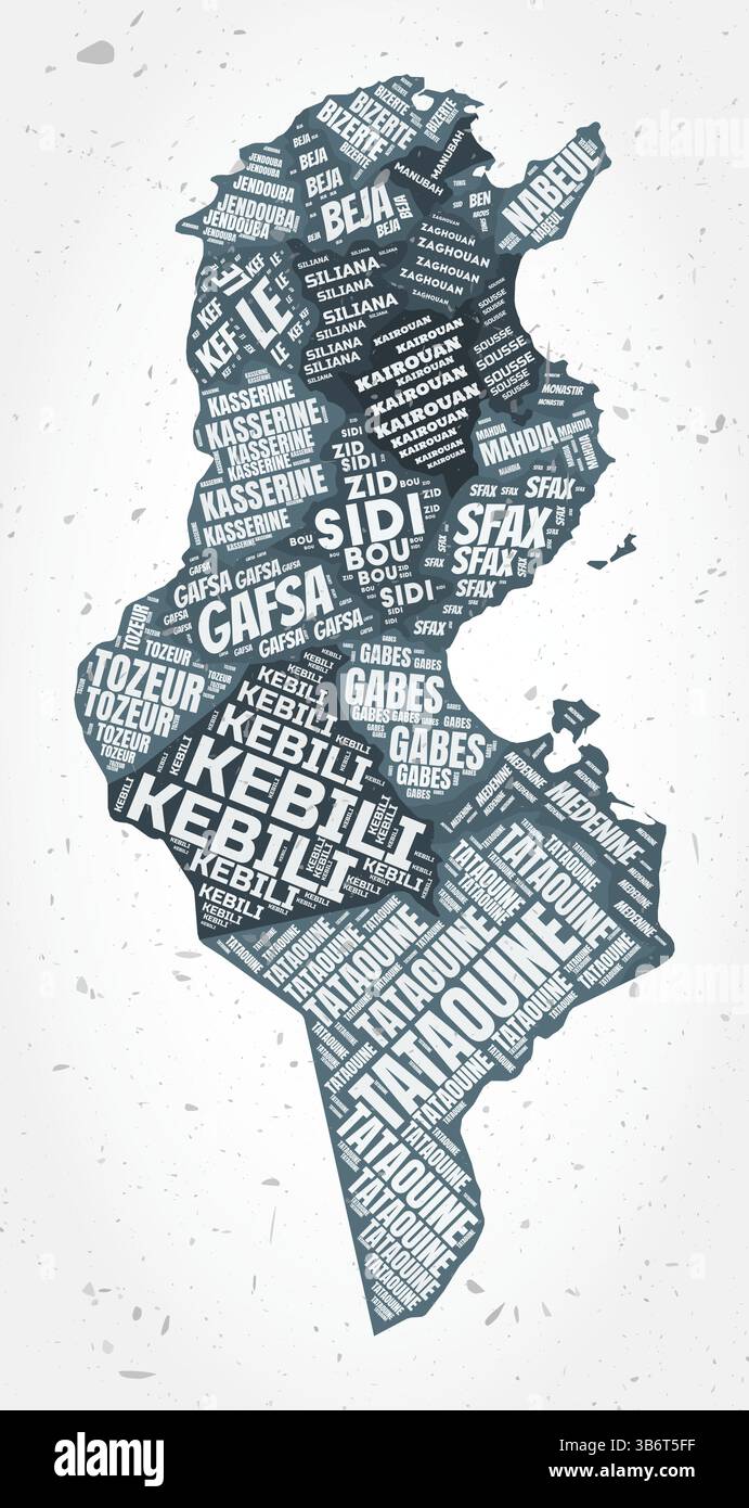 Nuages de mots des régions tunisiennes. Forme de pays sur fond texturé. Tunisie design dans un style typographique. Belle illustration vectorielle. Illustration de Vecteur