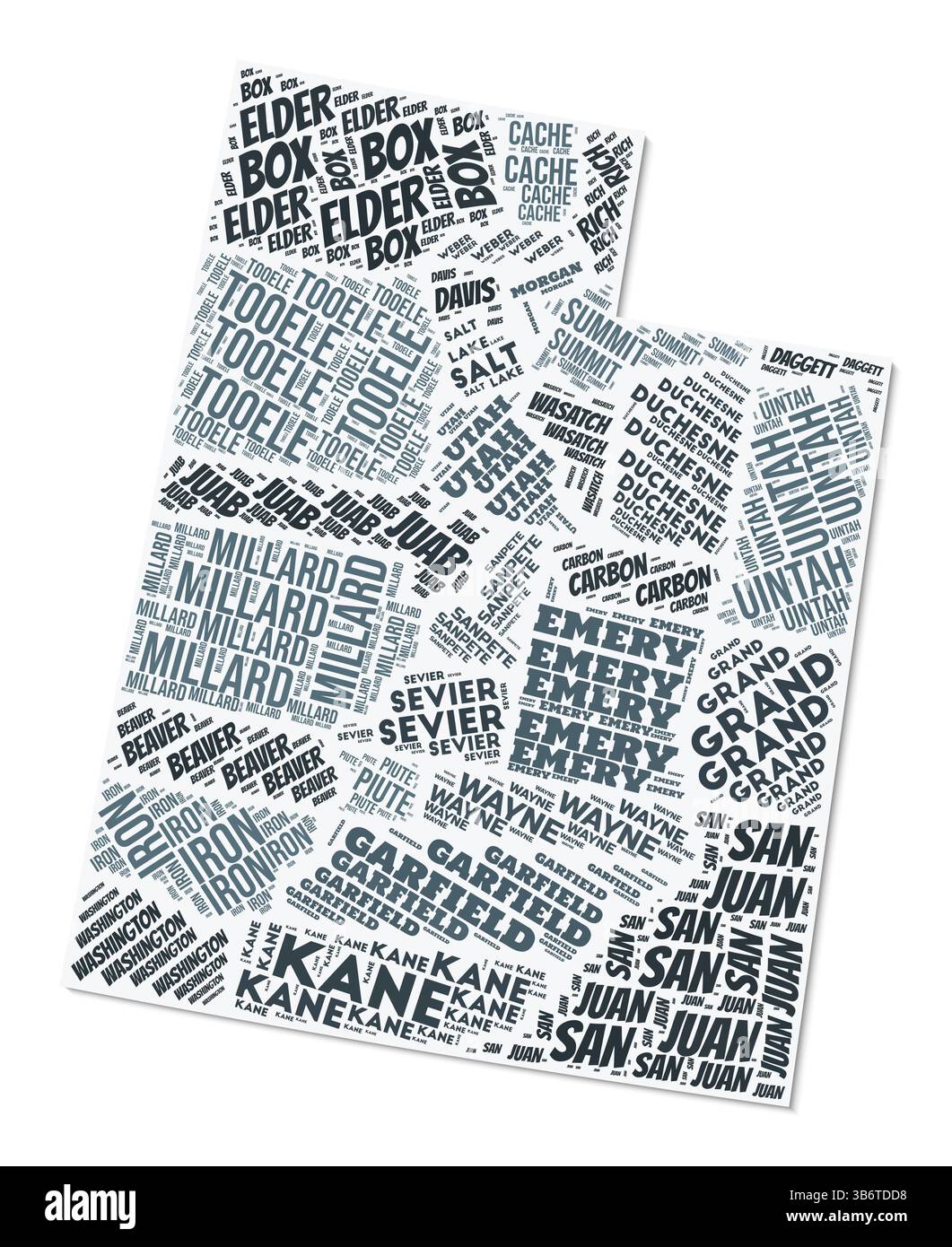 Nuage de texte de forme Utah. Frontière d'état avec ombre sur fond blanc. Utah avec division des comtés dans le style vintage gazette. Illustration de Vecteur