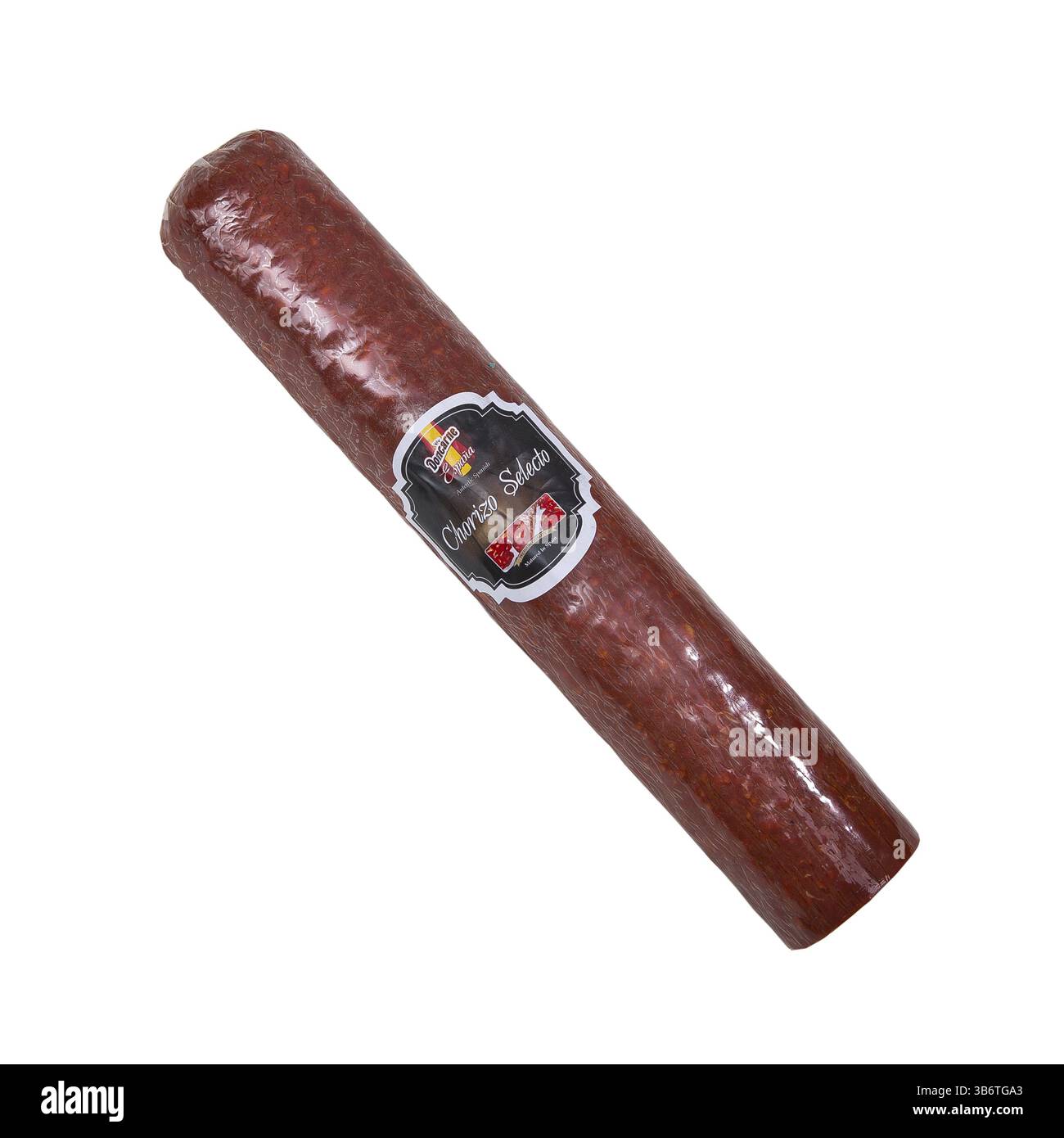 Pain saucisse. Stick saucisse salami sec isolé sur blanc. Saucisse italienne. Délicieux saucisson, close-up, isolé sur fond blanc. L'Ukraine, Kiev Banque D'Images