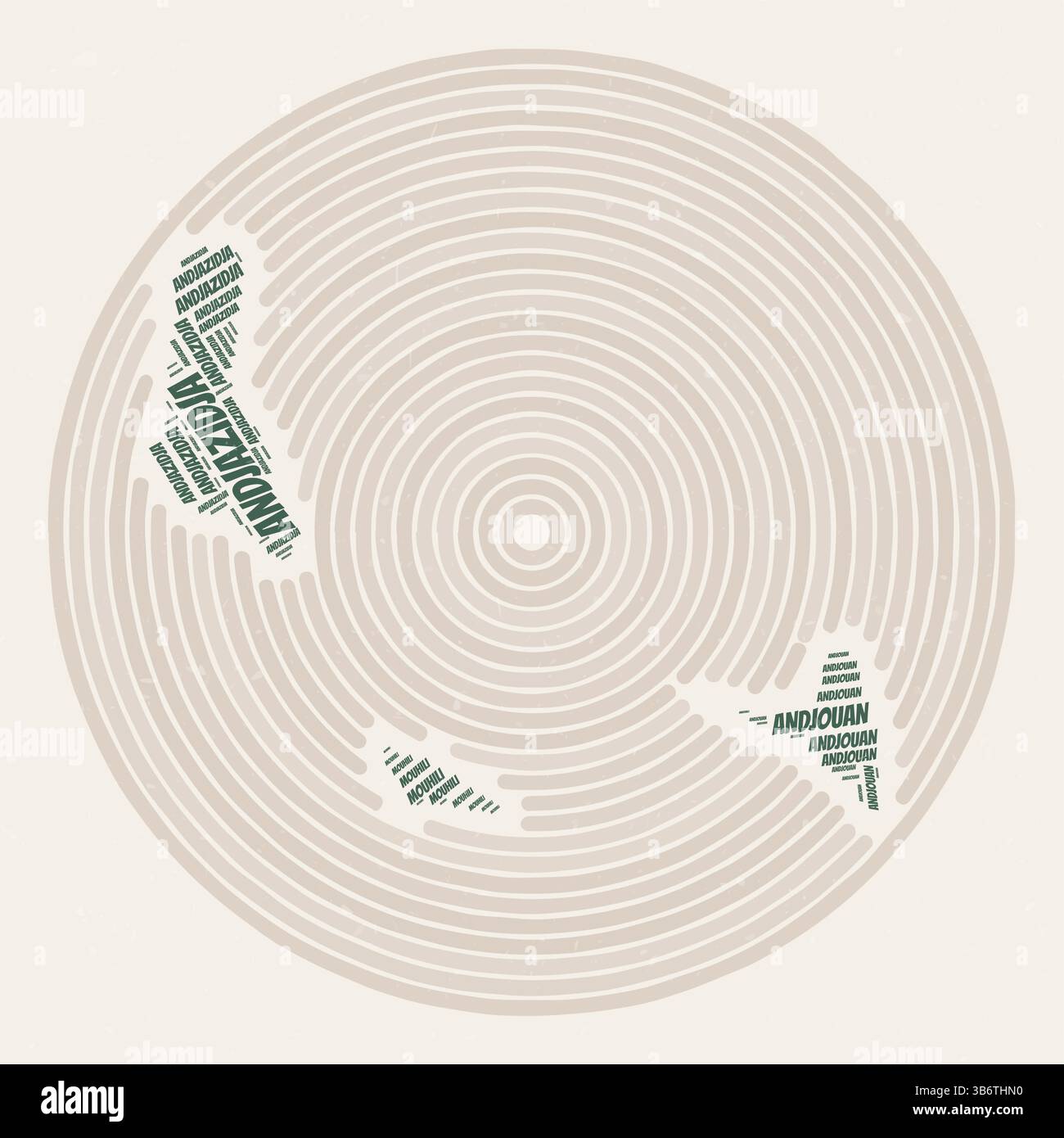 Affiche ronde des Comores. Image de style typographique du pays. Régions nuages de mots des Comores. Design d'image vintage avec texture de grattage. Illustration de Vecteur
