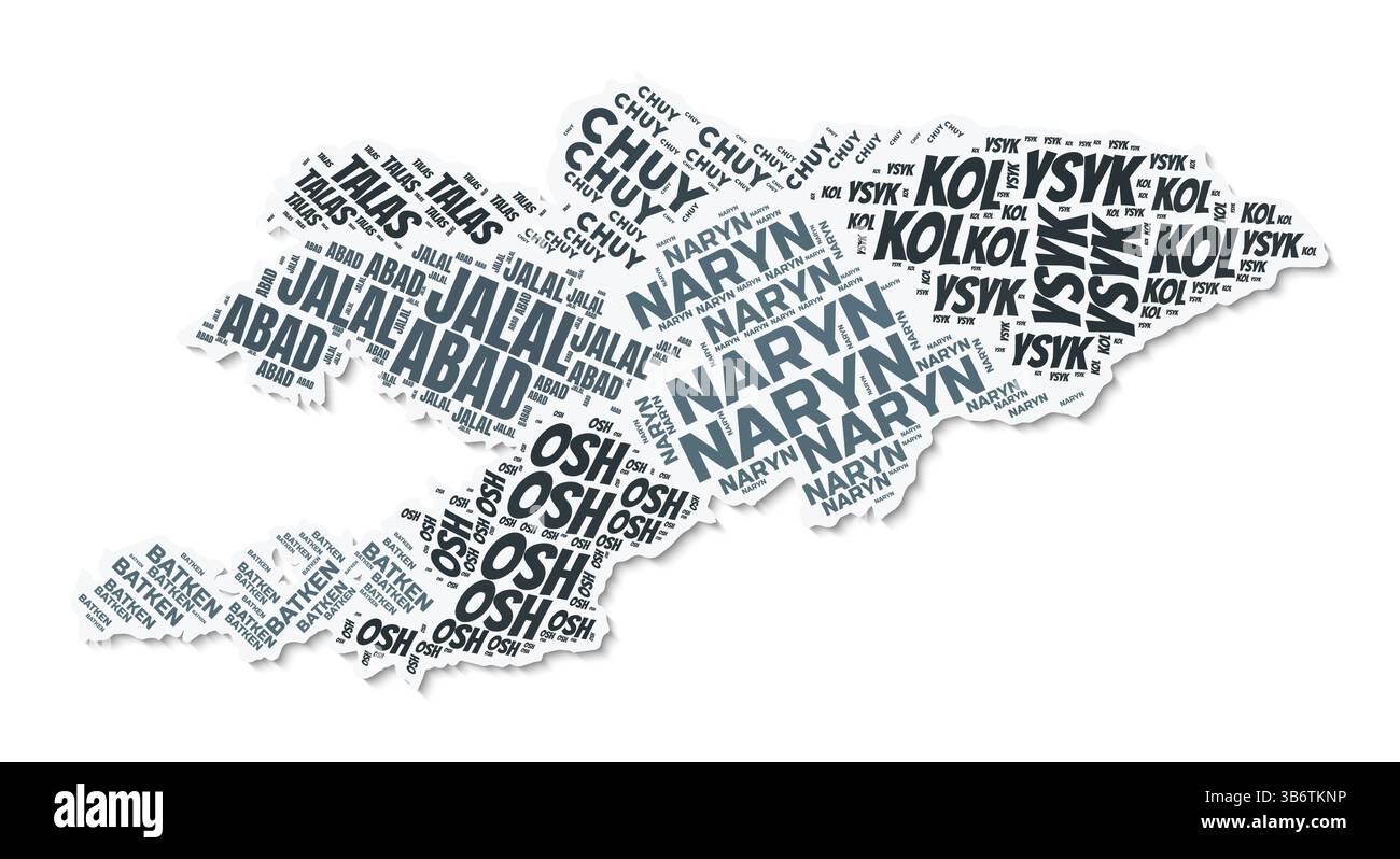 Nuage de texte de forme Kirghizistan. Frontière de pays avec ombre sur fond blanc. Kirghizistan avec la division des régions dans le style vintage gazette. Illustration de Vecteur