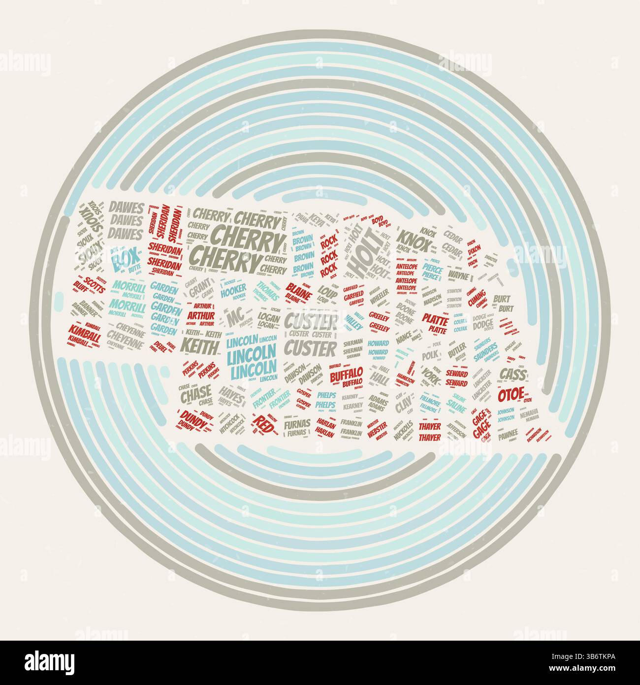 Affiche ronde du Nebraska. Image de style typographique de State. Comtés nuages de mots du Nebraska. Design d'image vintage avec texture de grattage. Illustration de Vecteur