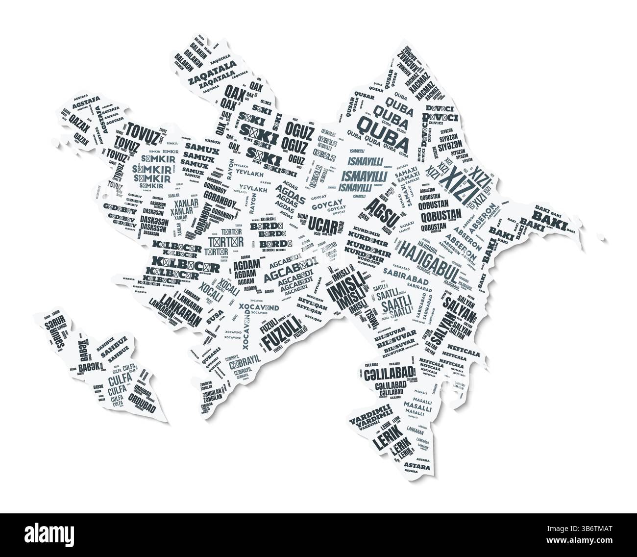 Nuage de texte de forme Azerbaïdjan. Frontière de pays avec ombre sur fond blanc. Azerbaïdjan avec division des régions dans le style vintage gazette. Illustration de Vecteur