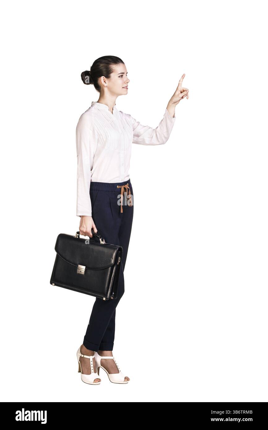 La femme avec l'index s'est levée. Isolé sur blanc Banque D'Images
