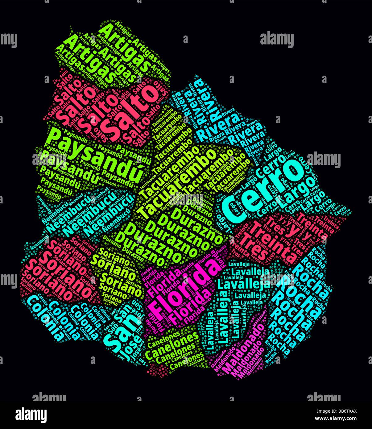 Uruguay Word Cloud. Noms de région du pays en langue espagnole. Design de style néon lumineux sur fond sombre. Illustration de Vecteur Uruguay Word Cloud. Noms de région du pays en langue espagnole. Design de style néon lumineux sur fond sombre. Illustration de Vecteur