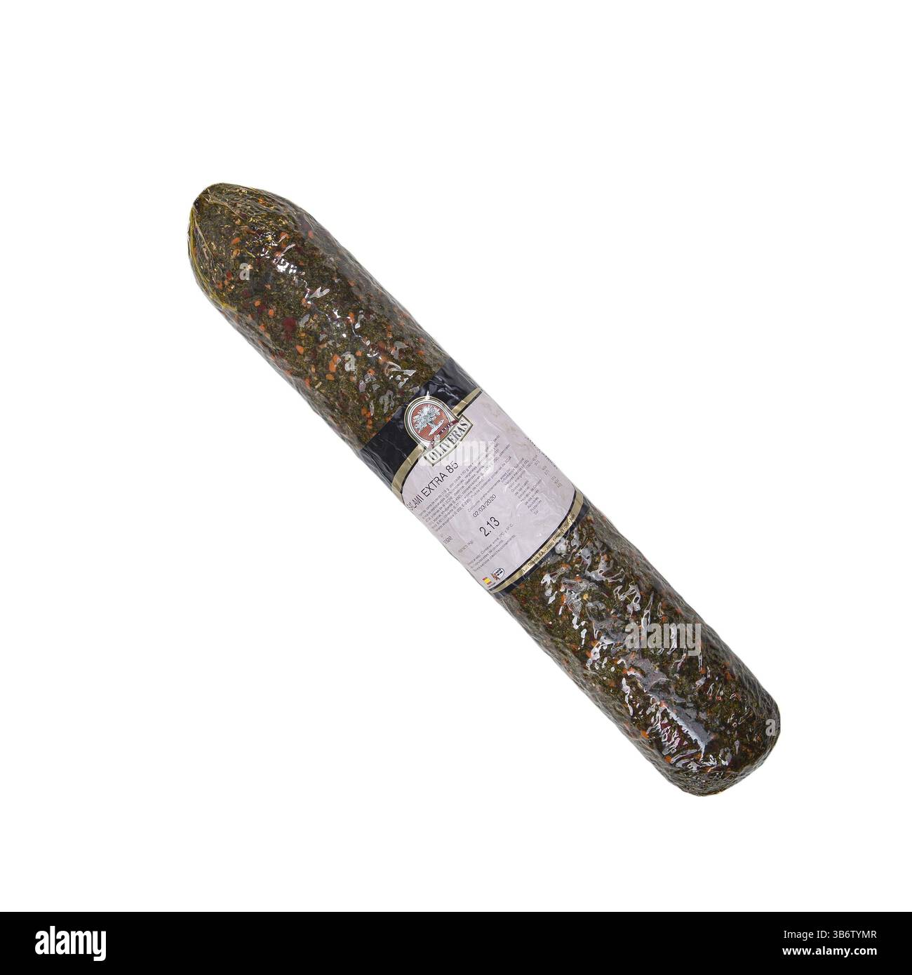 Pain saucisse. Stick saucisse salami sec isolé sur blanc. Saucisse italienne. Délicieux saucisson, close-up, isolé sur fond blanc. L'Ukraine, Kiev Banque D'Images