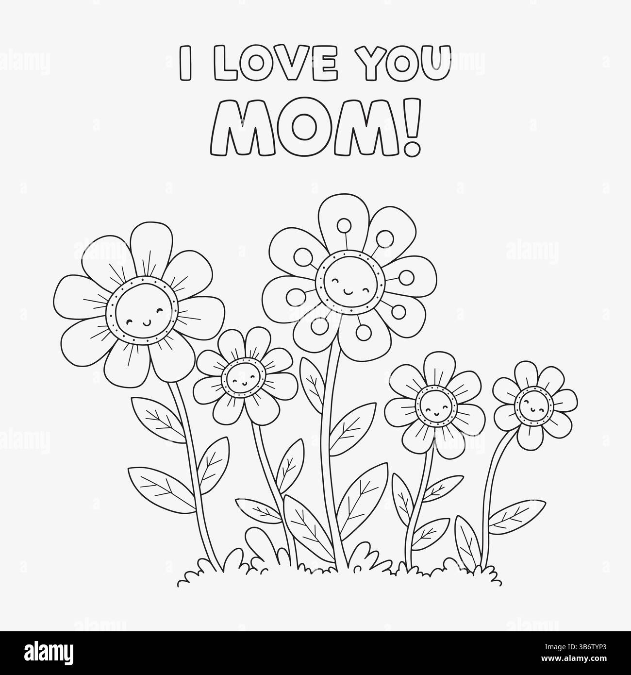 page de coloriage de fête des mères pour les enfants avec le message "je t'aime maman", papillon mignon et art vectoriel de gribouilles de fleurs simples Illustration de Vecteur